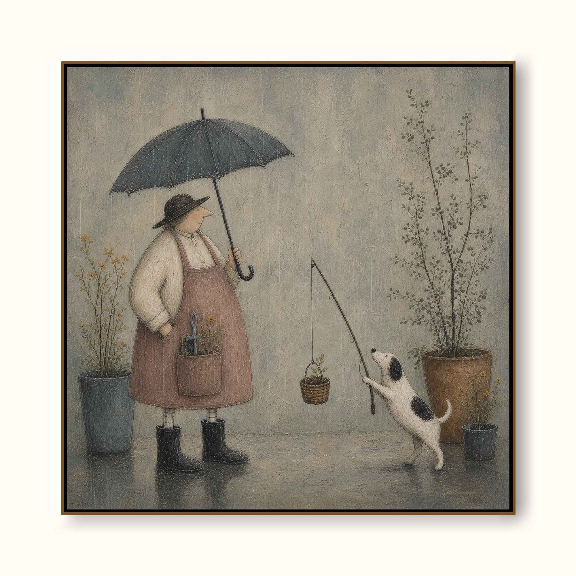 Vintage Hand-Painted Rainy Garden Dog Wall Art Whimsical Cottage Painting