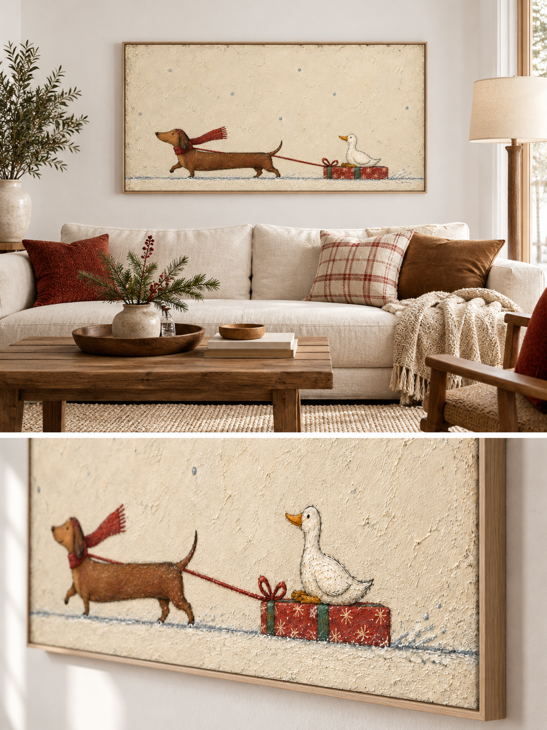 Minimalist Christmas Pet Painting Whimsical Dachshund And Duck Wall Art Canvas