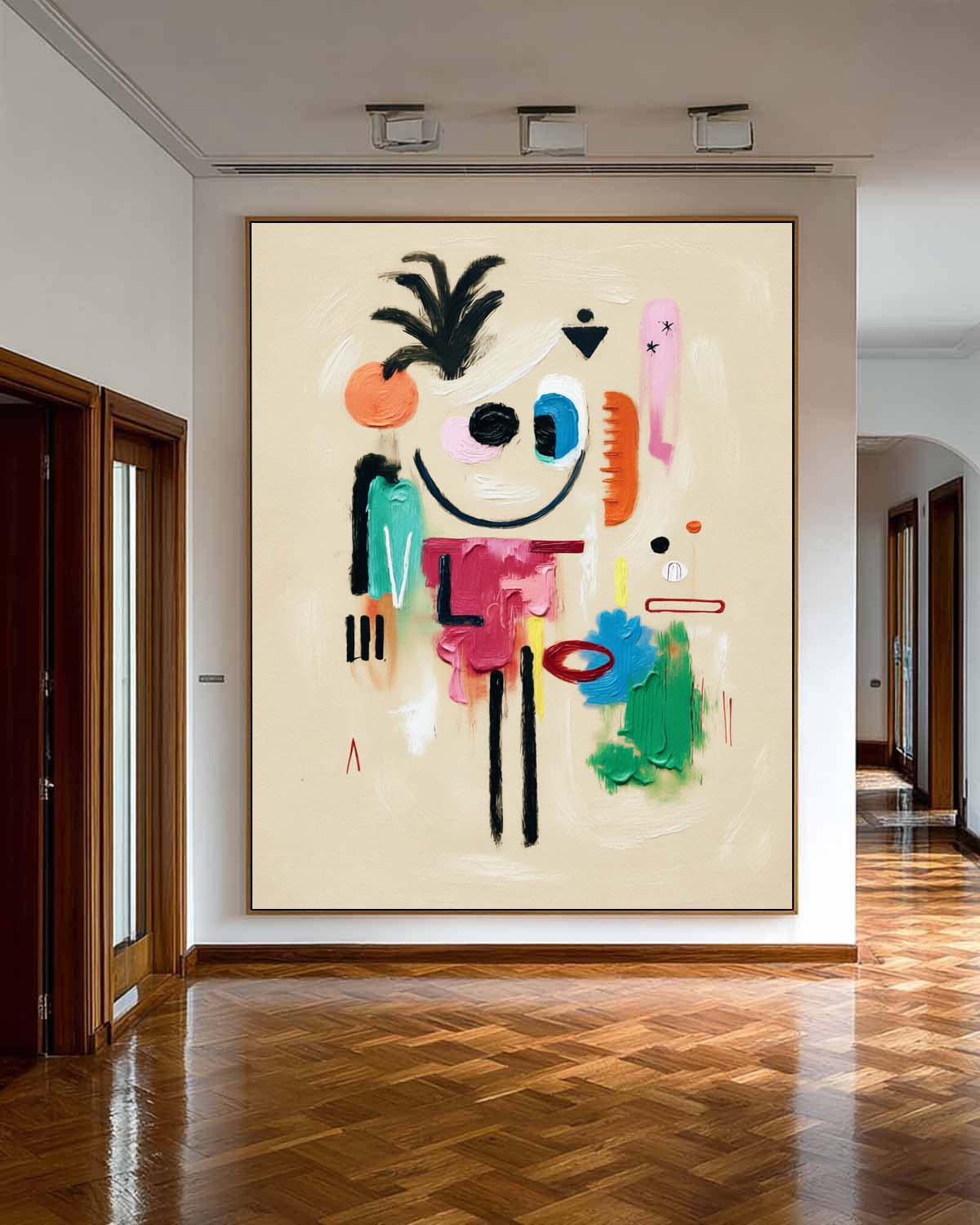 Minimalist Beige Abstract Cartoon Character Painting With Colorful Texture For Modern Decor