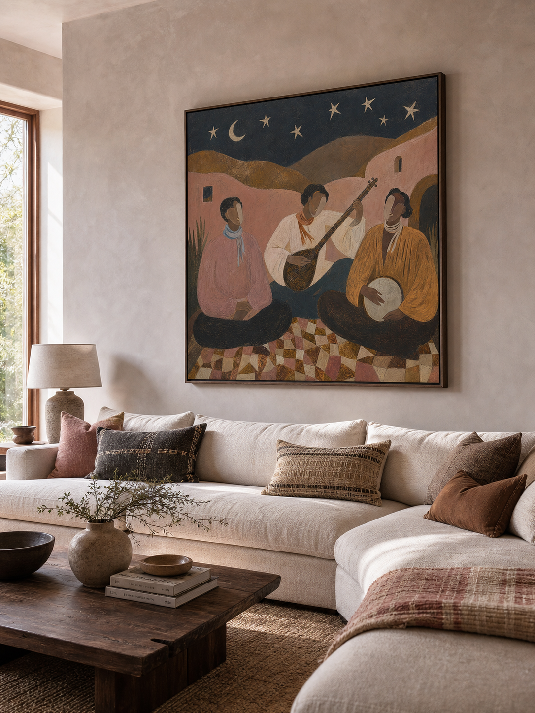 Vintage Folk Music Painting With Musicians Under Stars For Living Room Decor