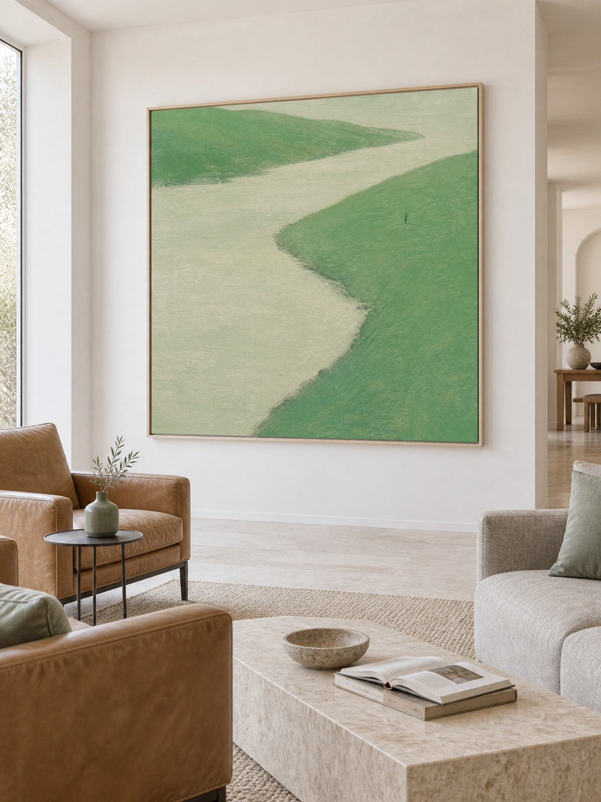 Fresh Green River Bend Canvas Art With Lone Figure For Calm Bedroom Decor