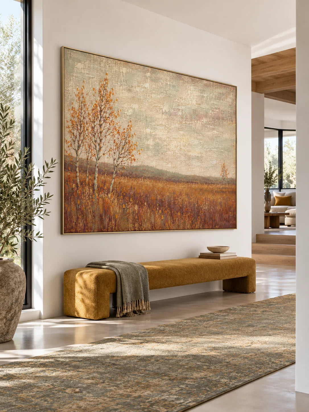 Minimalist Autumn Meadow Painting Large Neutral Beige And Rust Landscape Artwork