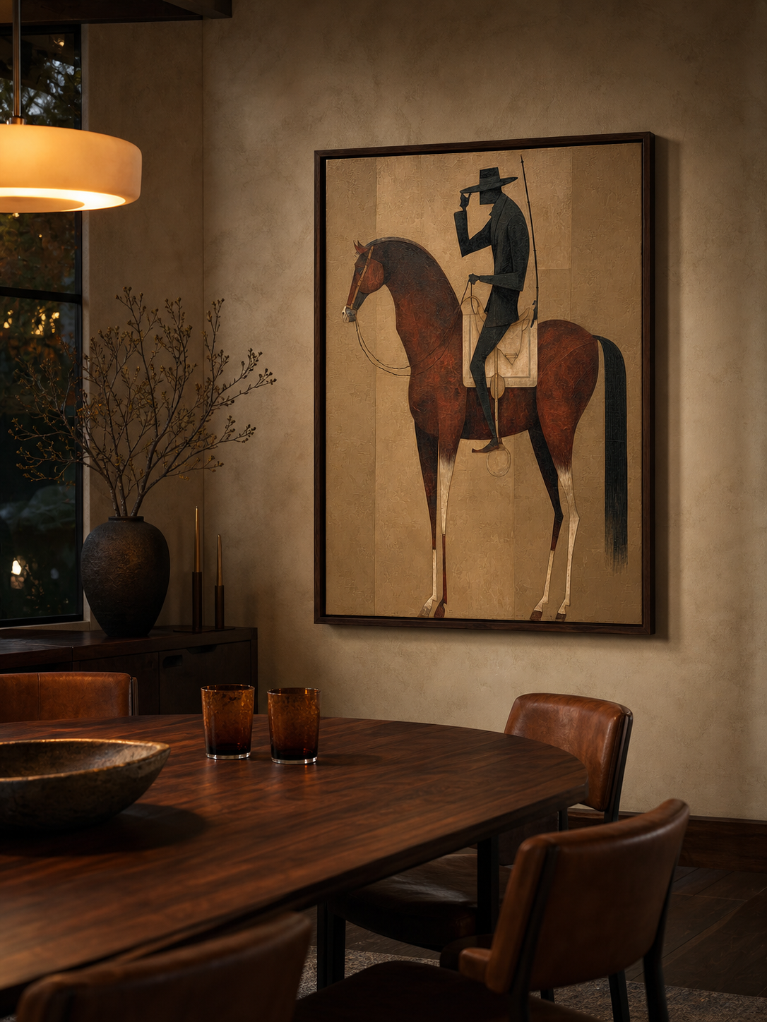 Modernist Brown And Beige Horse Painting With Abstract Human Figure