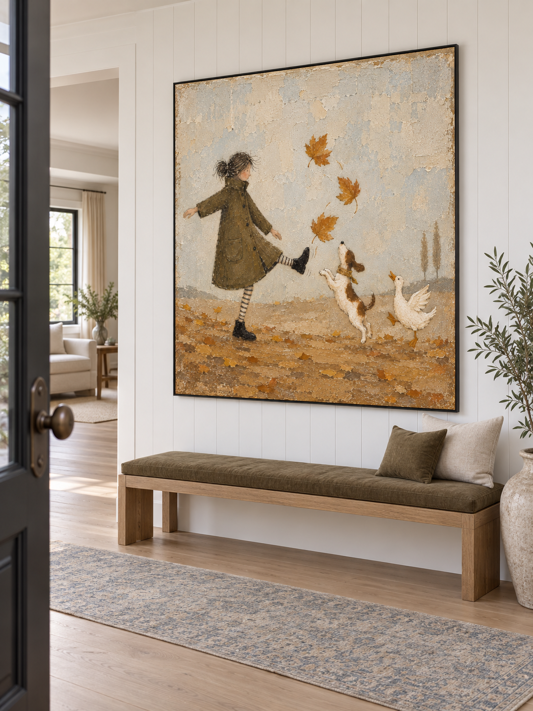 Autumn Leaf Dance Canvas Art With Dog And Duck For Cozy Living Room Decor