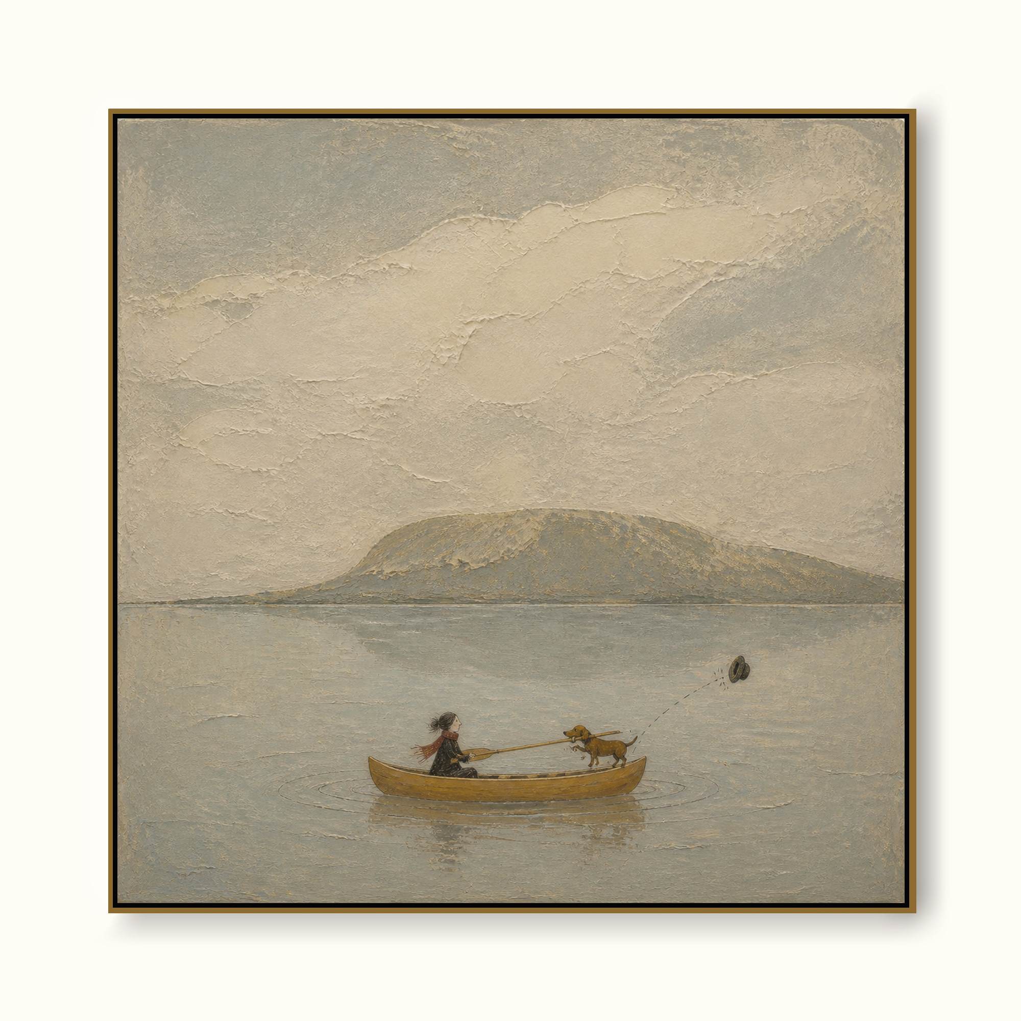 Whimsical Abstract Dog Travel Painting With Canoe Outdoor Adventure Home Decor