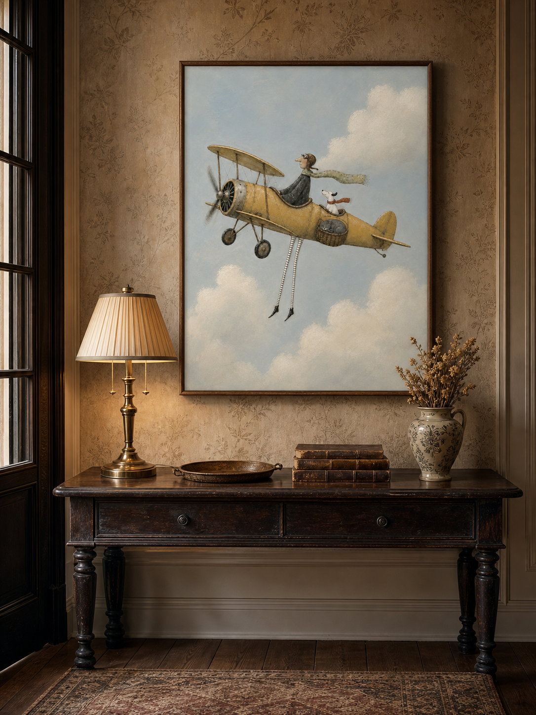 Retro Aviation Art Print With Pilot And Dog In Sky For Home Wall Decor