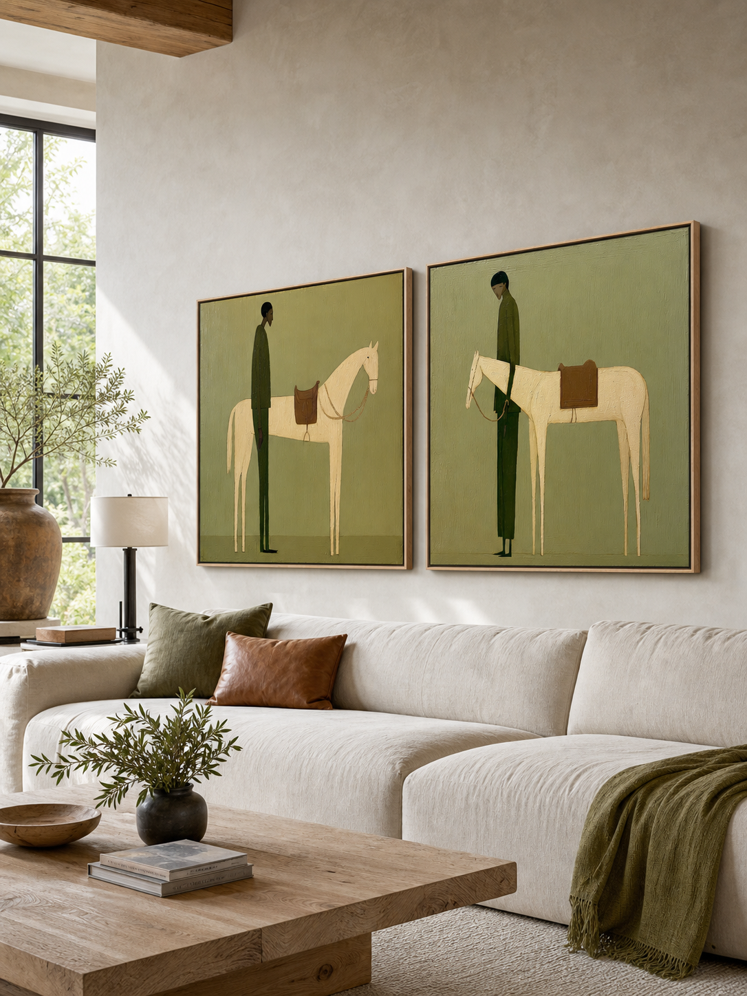 Retro Minimalist Man And Horse Painting Set Of Two For Living Room Decor