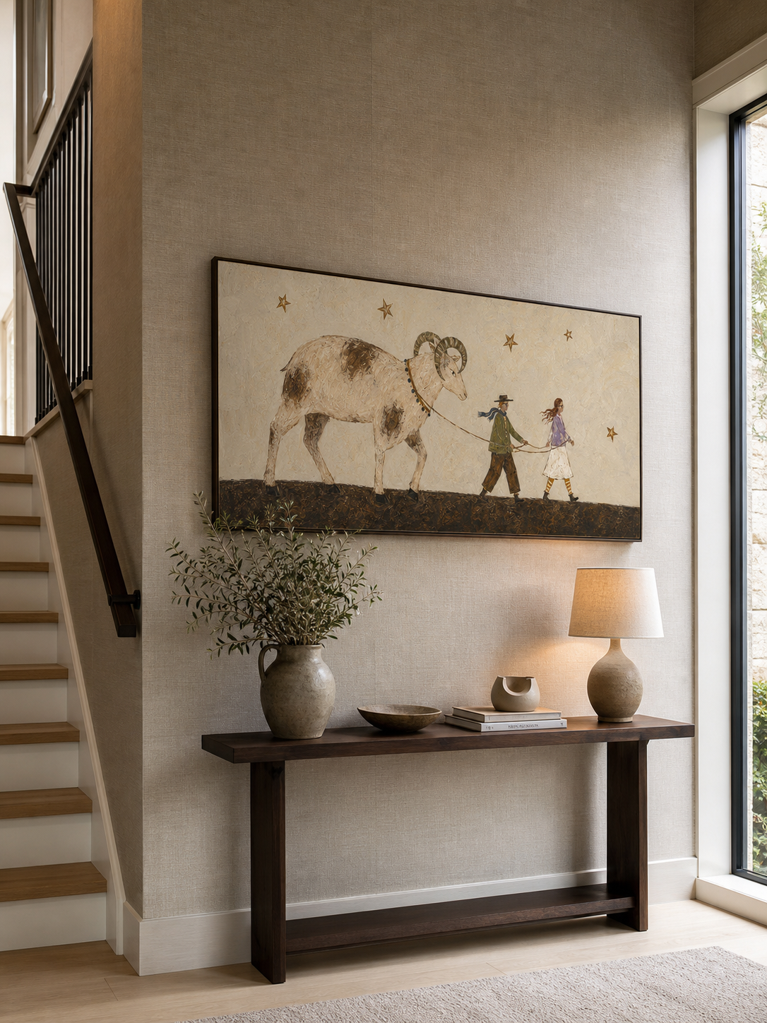 Hand Painted Folk Goat Journey Painting Bohemian Symbolic Wall Art Naive Mythic Story Artwork