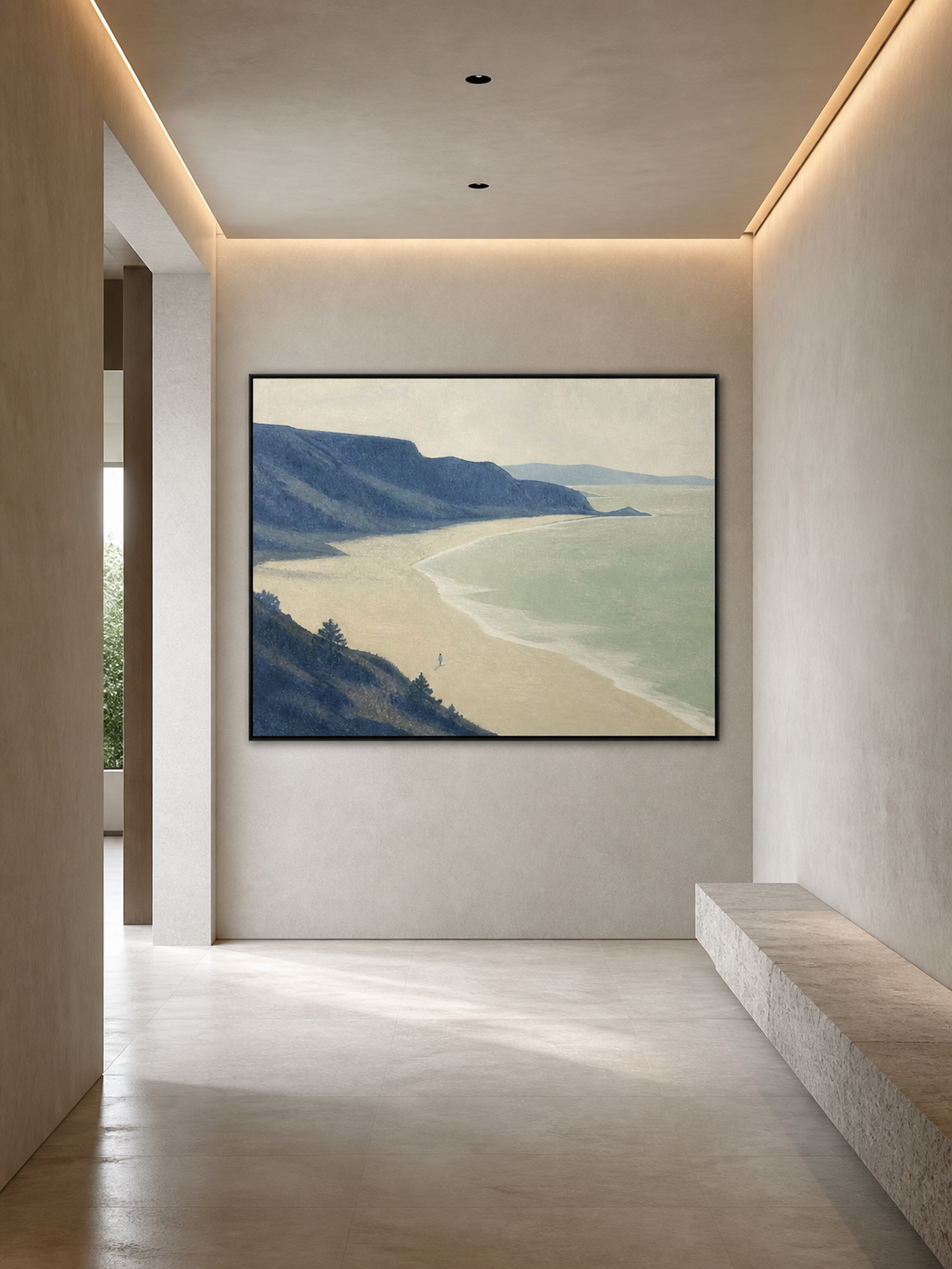 Minimalist Blue Coastal Figure Landscape Painting Large Wall Decor