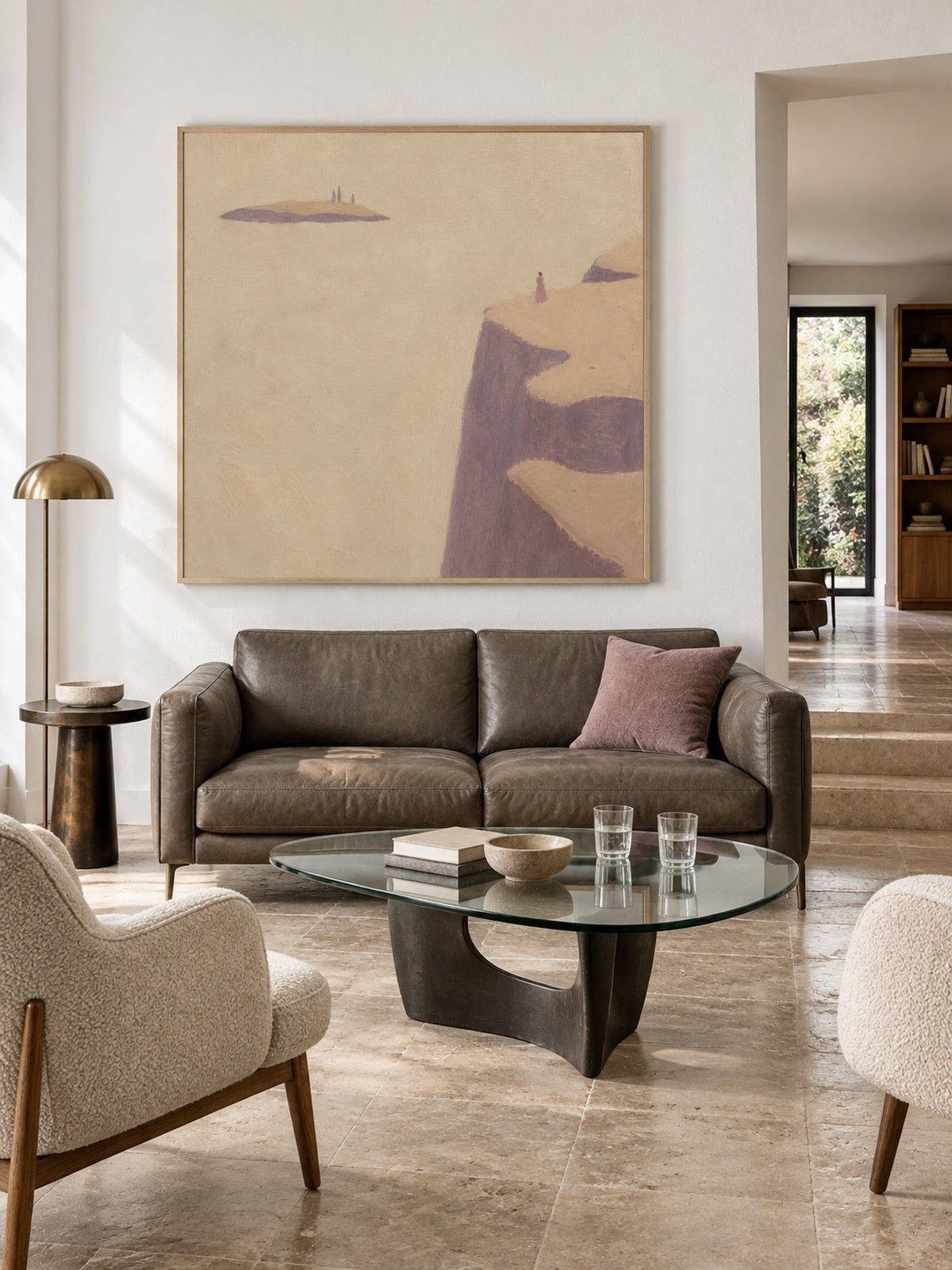 Soft Mauve Cliffside Canvas Art With Lone Figure For Romantic Bedroom Decor