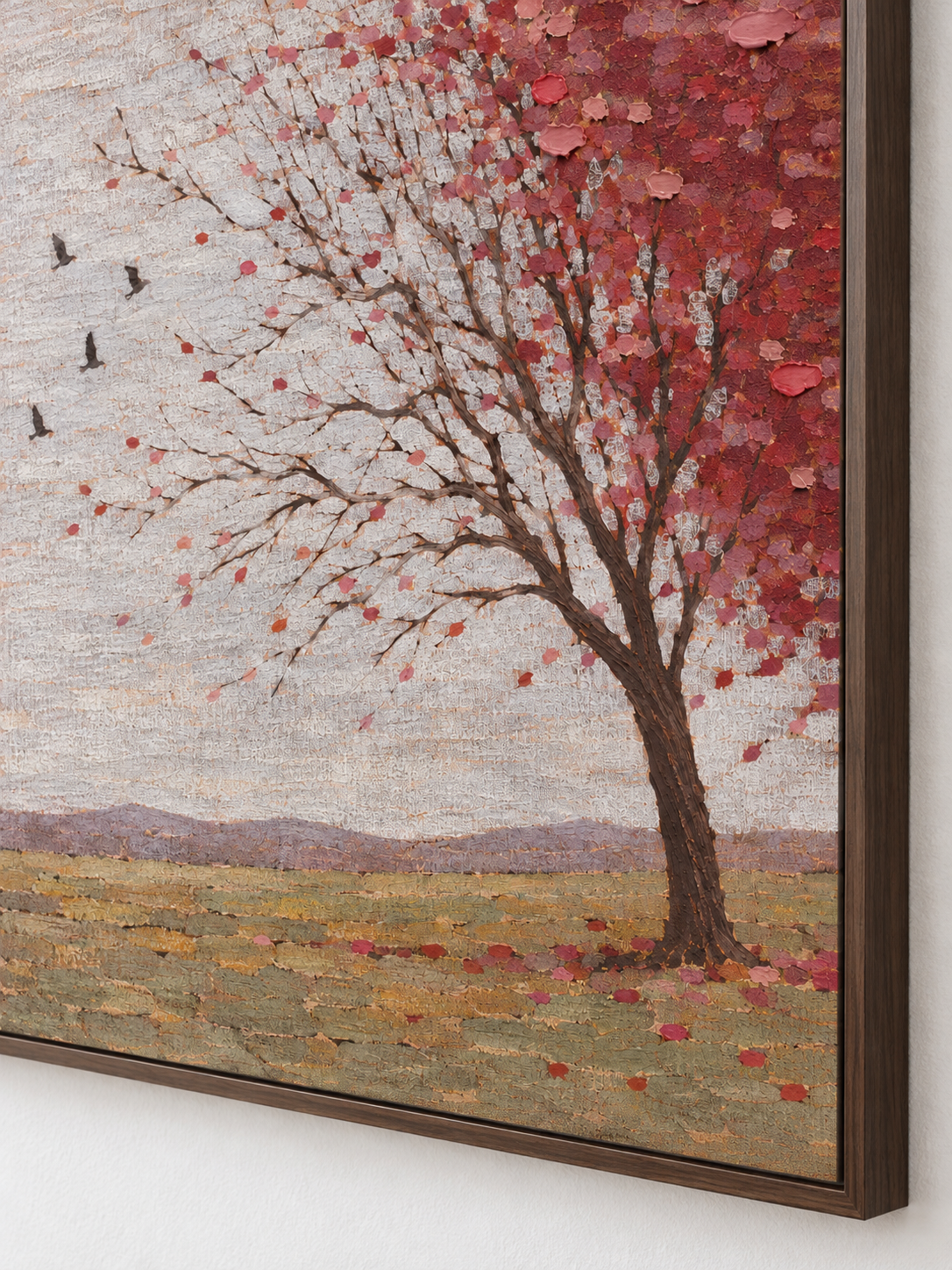 Hand Painted Autumn Tree Wall Art Large Blush Pink Rural Landscape Artwork Painting