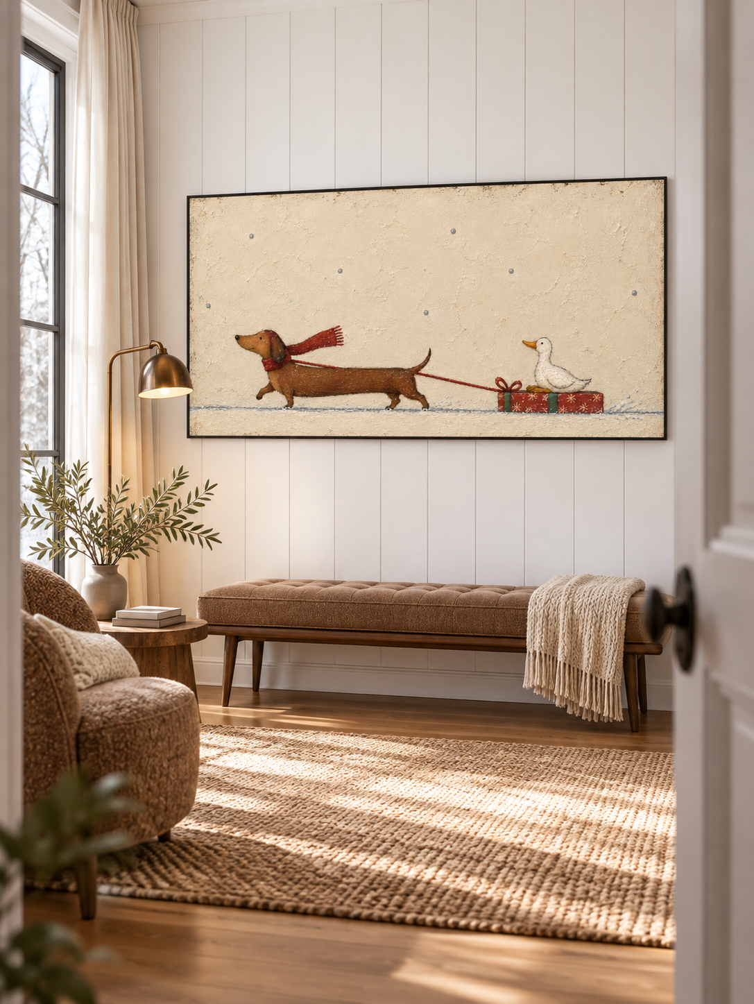 Minimalist Christmas Pet Painting Whimsical Dachshund And Duck Wall Art Canvas