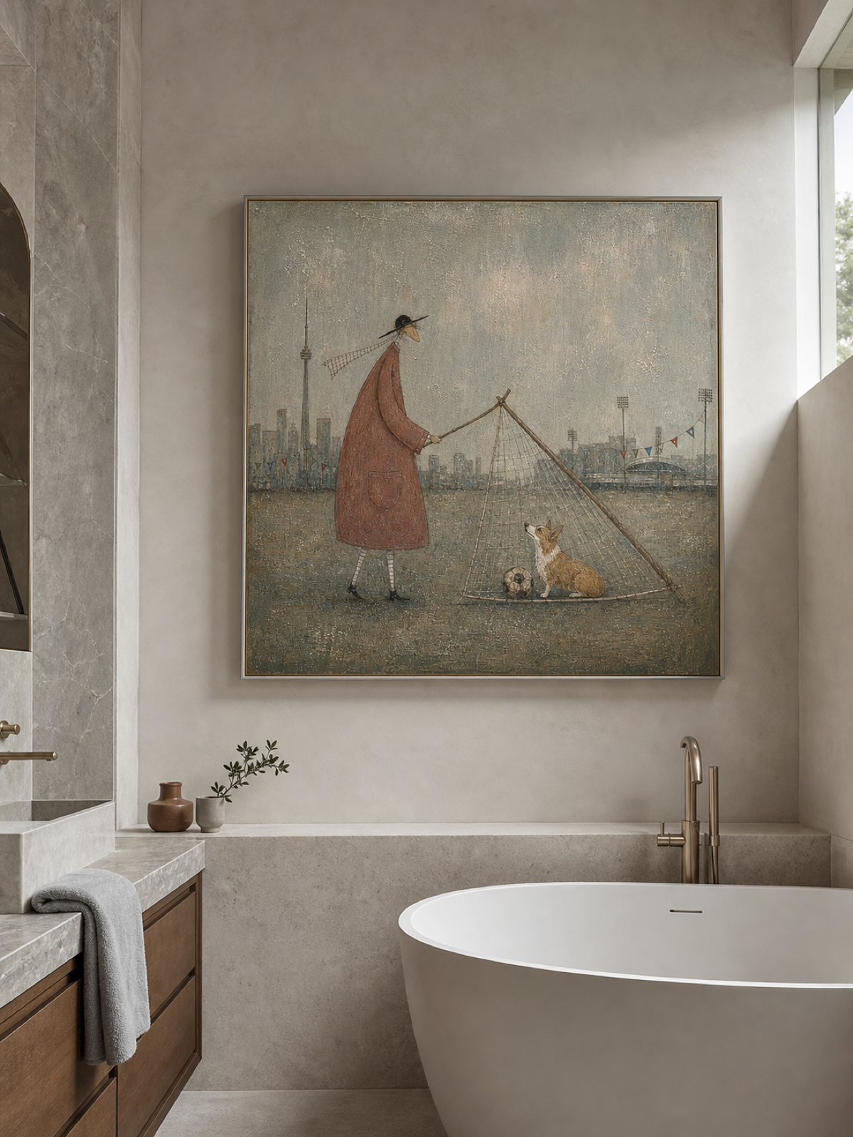 Original Hand Painted Corgi Soccer Painting Whimsical City Wall Art