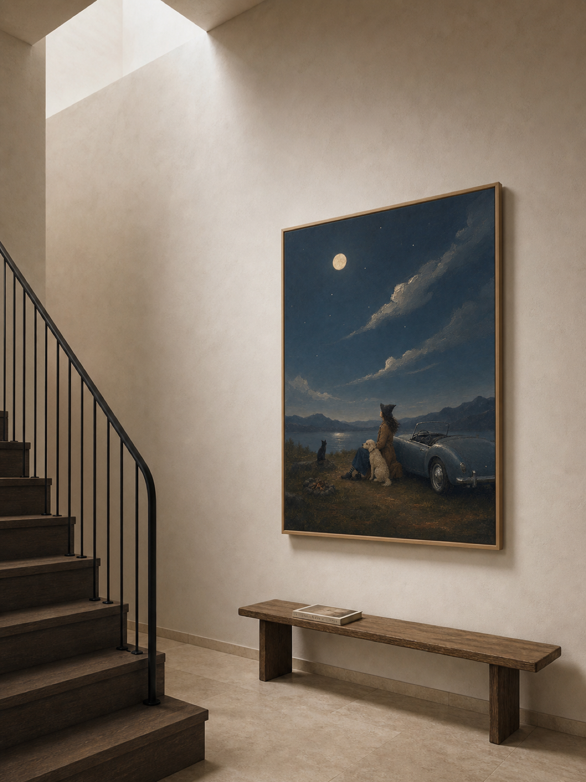 Vintage Car Painting With Dog And Moonlight Night Scene Wall Art For Living Room Decor