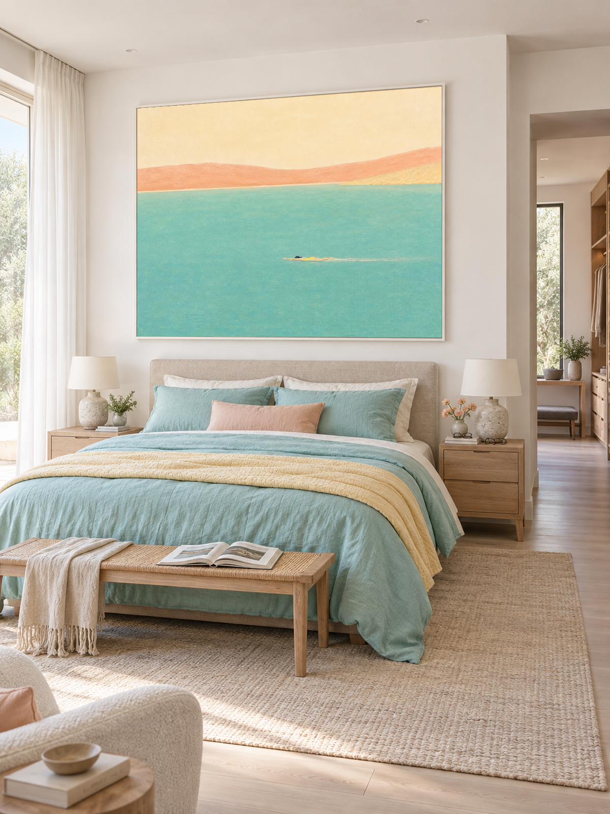 Minimalist Open Water Canvas Art With Lone Swimmer And Warm Coastal Horizon