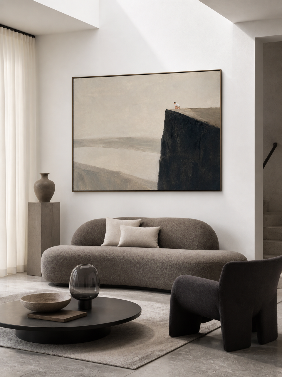 Neutral Black Cliff Oil Painting With A Solitary Figure Modern Wall Art