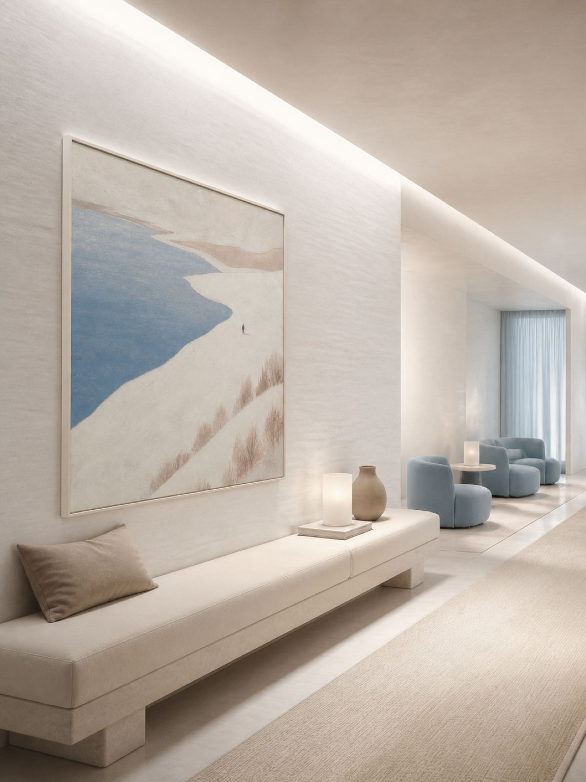 Oversized Ivory Shoreline With Winding Blue Water Contemporary Canvas Art