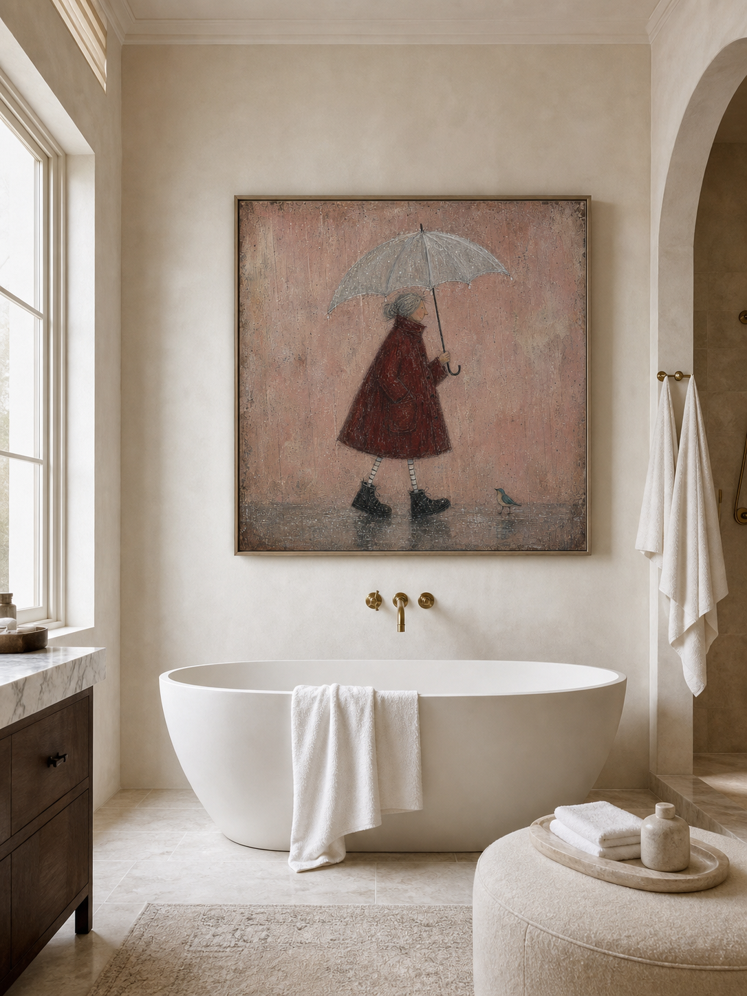 Original Handmade Painting Red Coat Woman In Rain Minimalist Wall Art