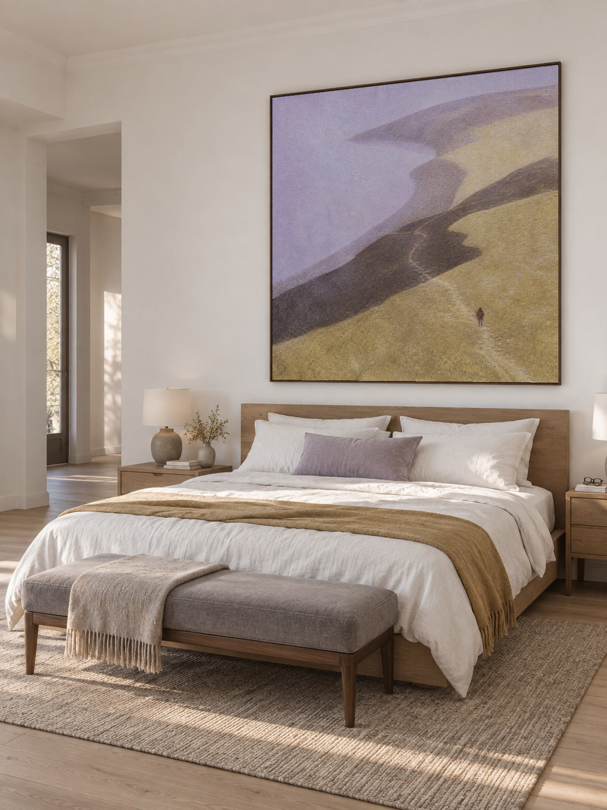 Minimalist Coastal Landscape Canvas Painting With Solitary Figure In Beige And Purple
