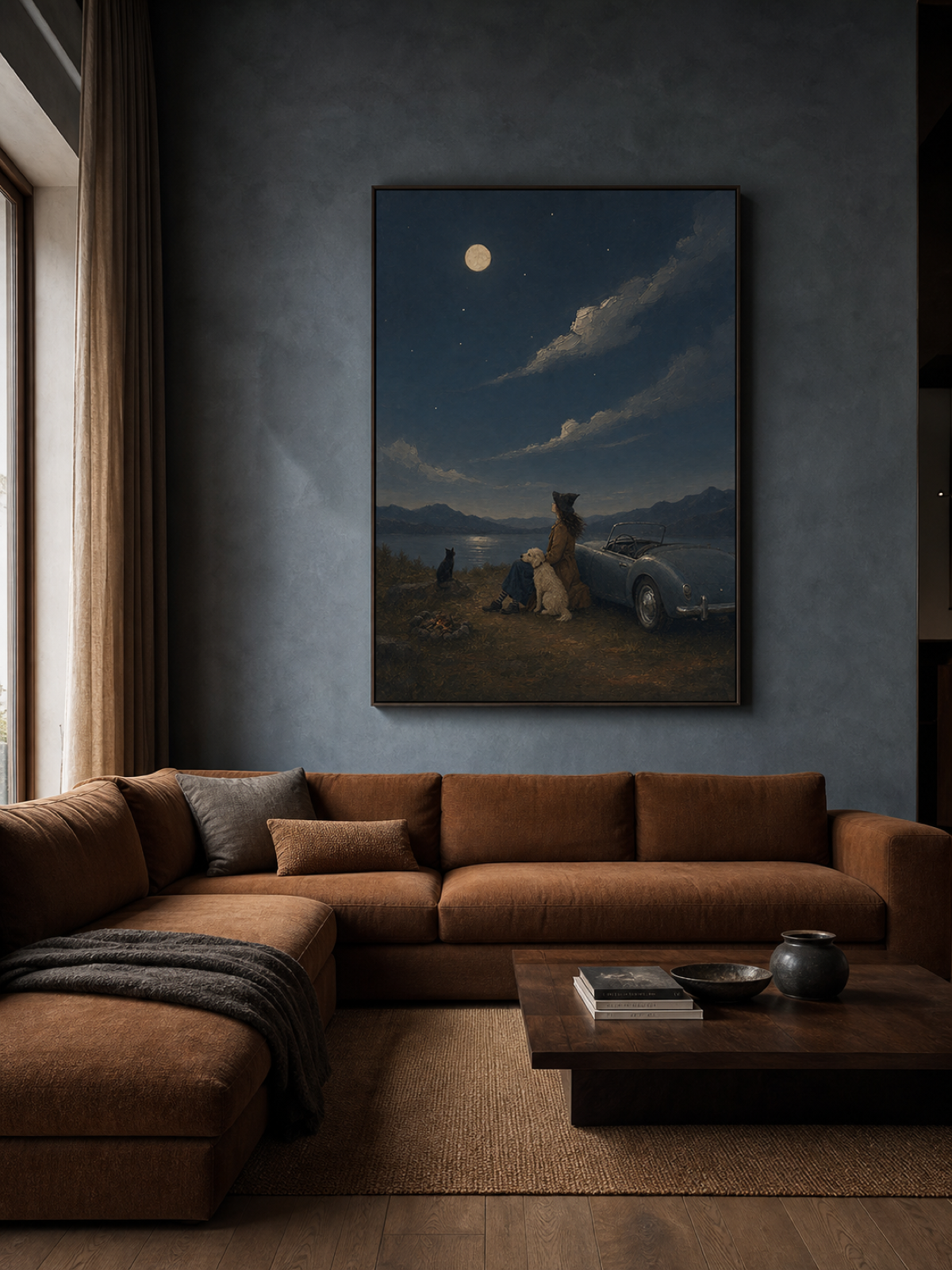 Vintage Car Painting With Dog And Moonlight Night Scene Wall Art For Living Room Decor