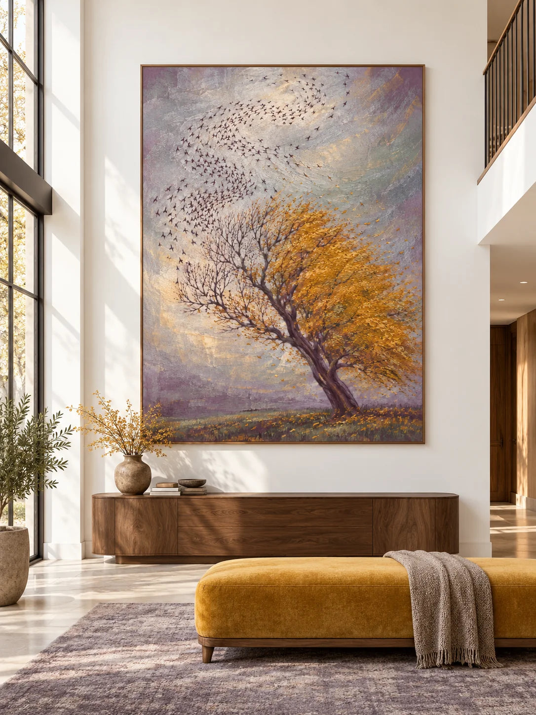 Vintage Golden Autumn Tree Painting Large Textured Bird And Nature Landscape Artwork