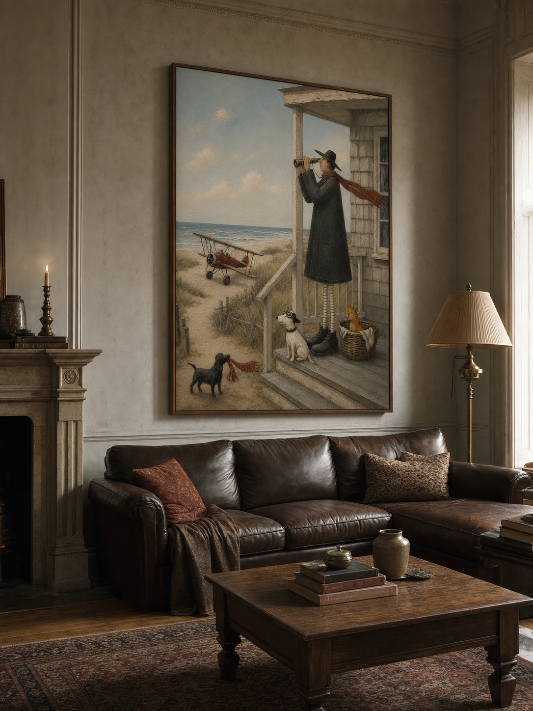 Charming Coastal Art Featuring A Seaside Porch And Vintage Biplane
