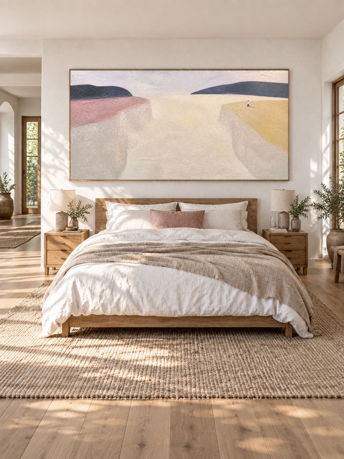 Minimalist Beige Canyon Canvas Art With Lone Figure For Living Room Decor