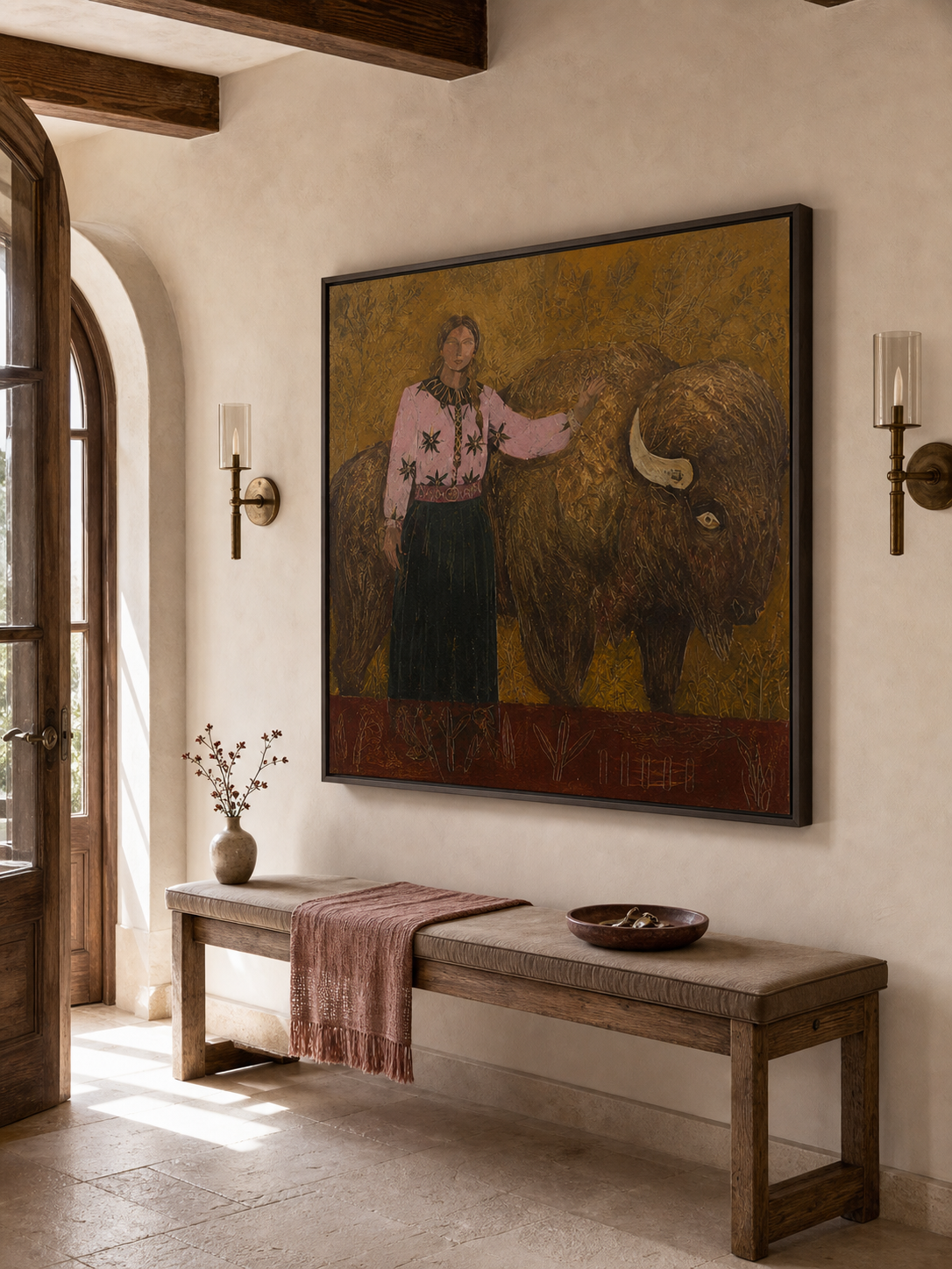 Folk Contemporary Art Painting With Bison And Woman In Brown Pink Green Tones For Living Room Wall Decor