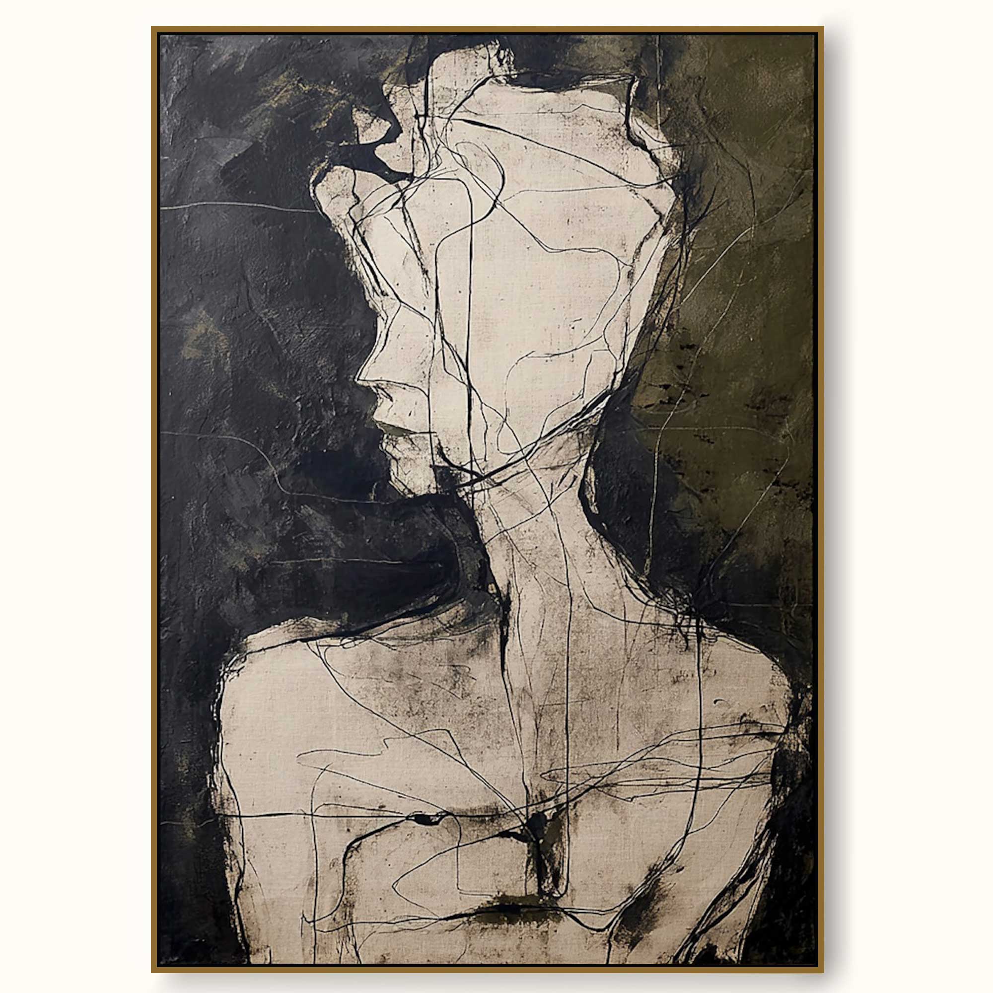 Contemporary Black and Beige Minimalist Figure Painting Minimalist Figurative Wall Art Organic Line Drawing Oil Artwork