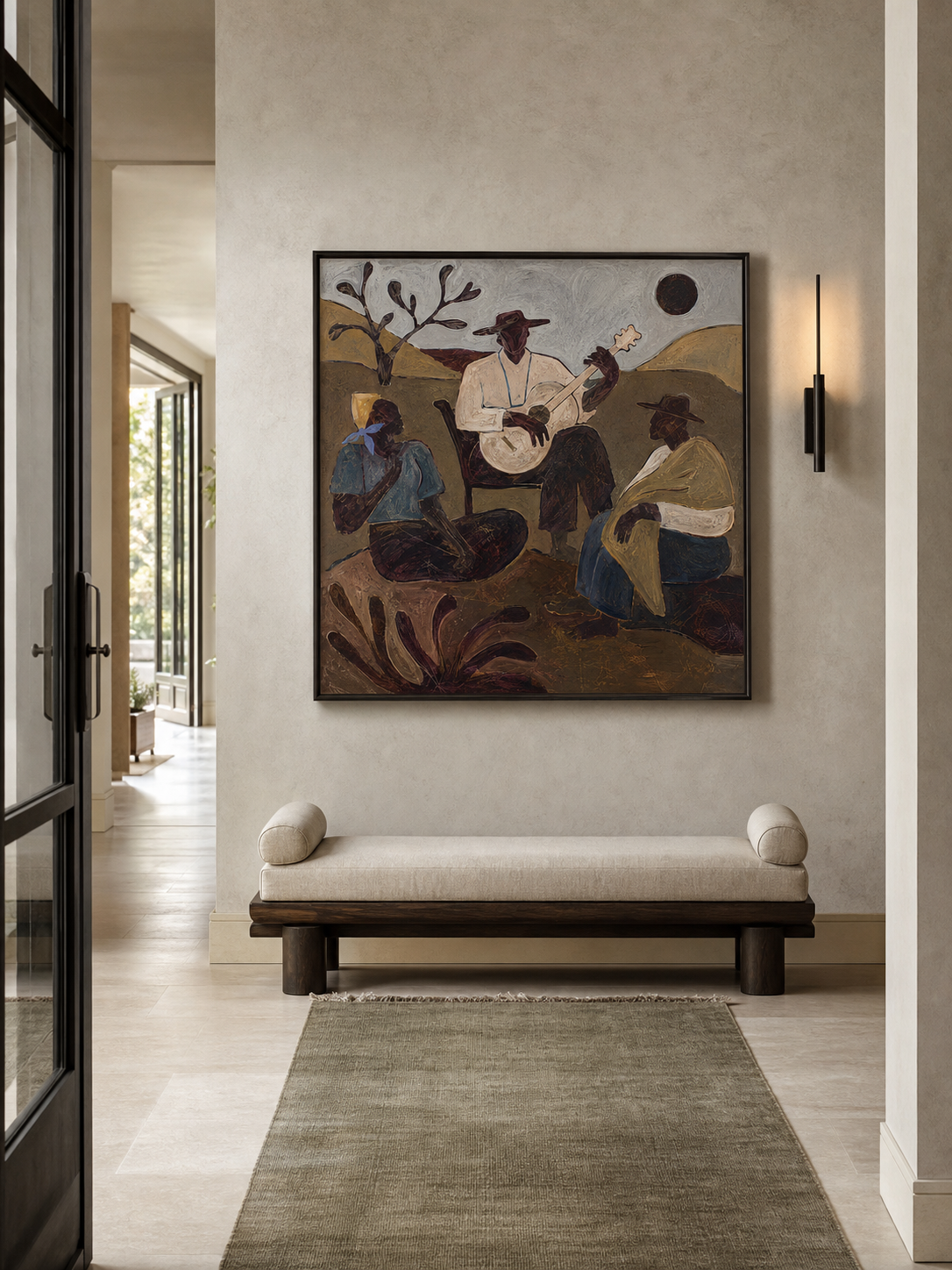 Original Folk Music Painting With Moonlight Scene Oil Painting Large Rustic Southwestern Wall Art