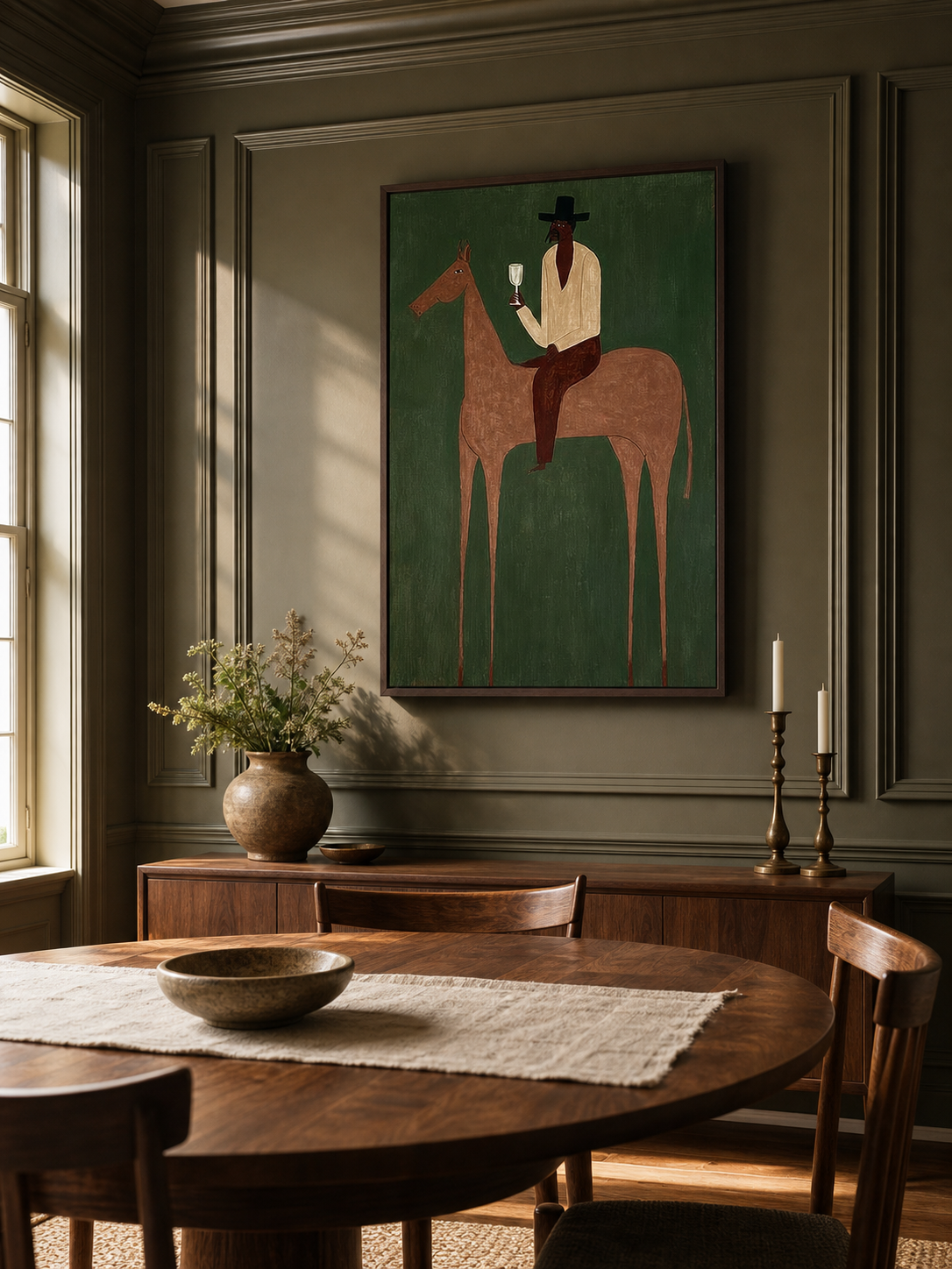 Vintage Minimalist Horse Oil Painting Framed Green Canvas Wall Art For Bedroom Sanctuary