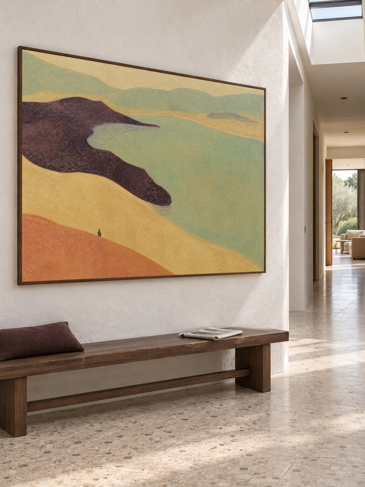 Earth Tone Teal Lake Canvas Art With Lone Figure For Modern Living Room Decor