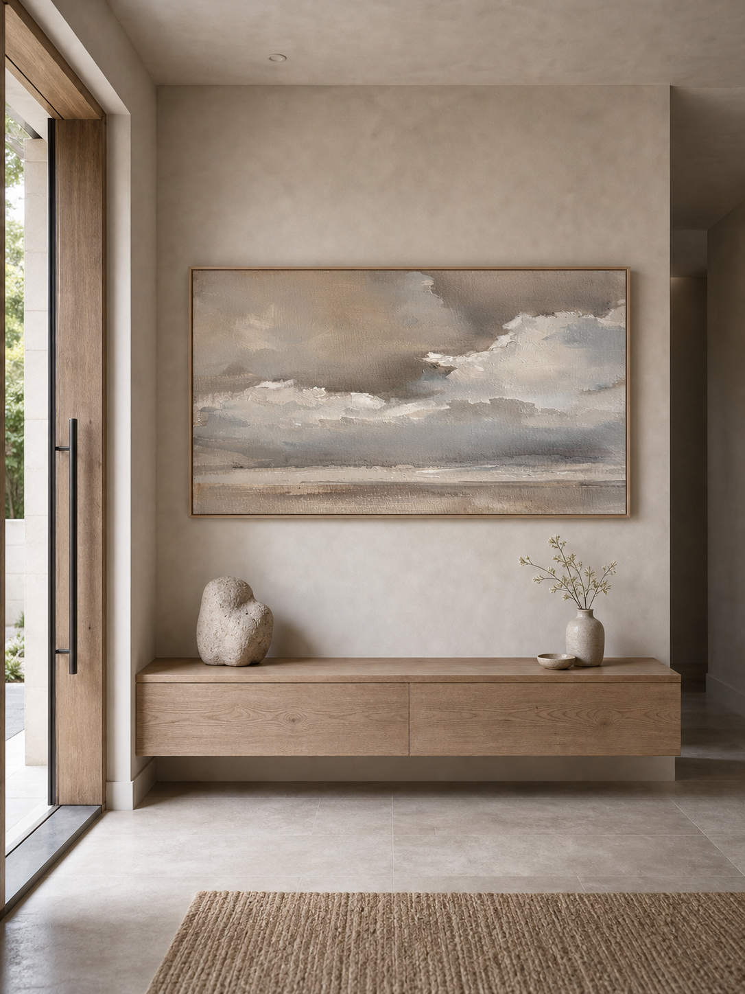 Vintage Cloud Landscape Oil Painting Beige Gray Wall Art For Living Room Decor