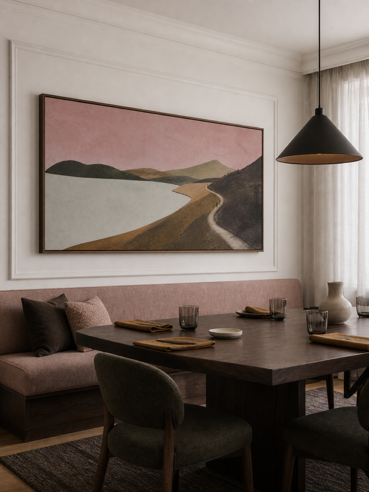 Minimalist Mountain Lake Painting With Tiny Travelers In Pink Sky Hand-Painted Canvas Art