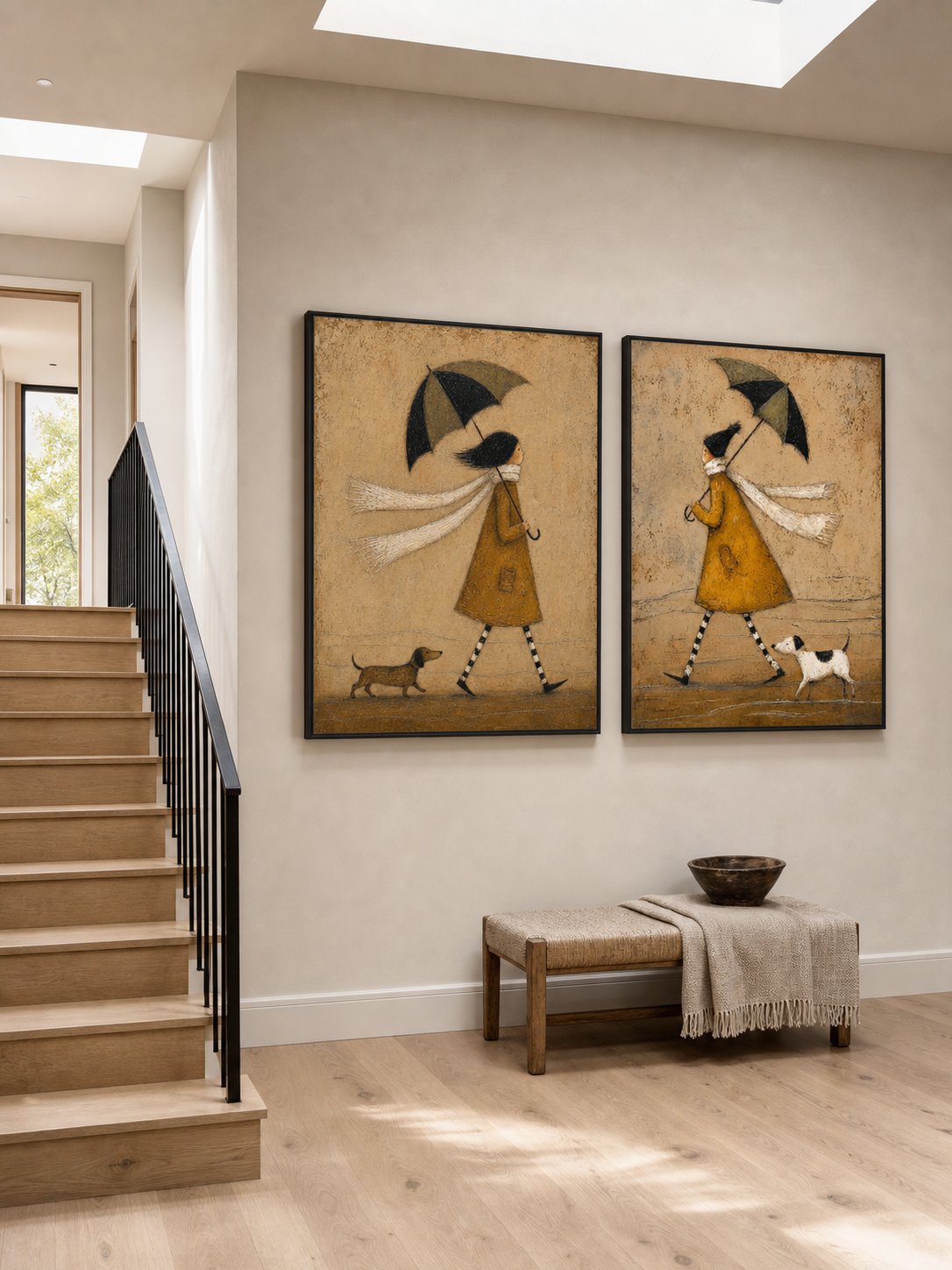Whimsical Yellow Raincoat Painting With Dog And Umbrella For Modern Entryway Decor