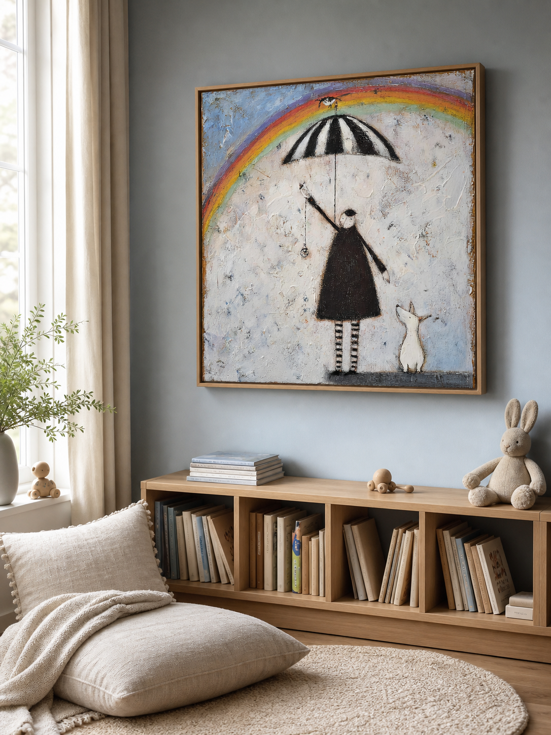 Vintage Figure With Rainbow And Dog Original Oil Painting On Textured White Canvas For Modern Home