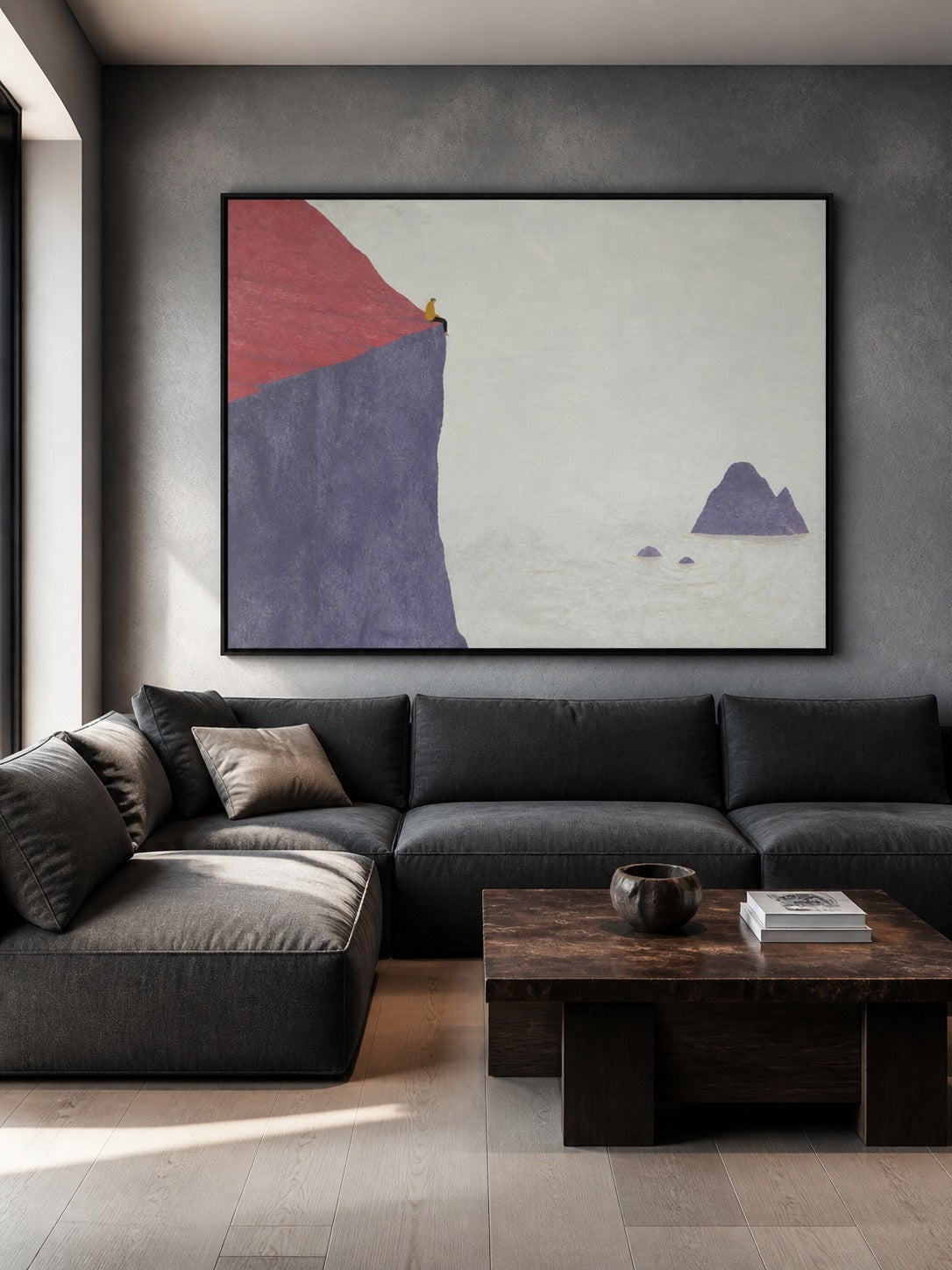 Minimalist Cliff Figure Painting Hand-Painted Abstract Coastal Wall Art