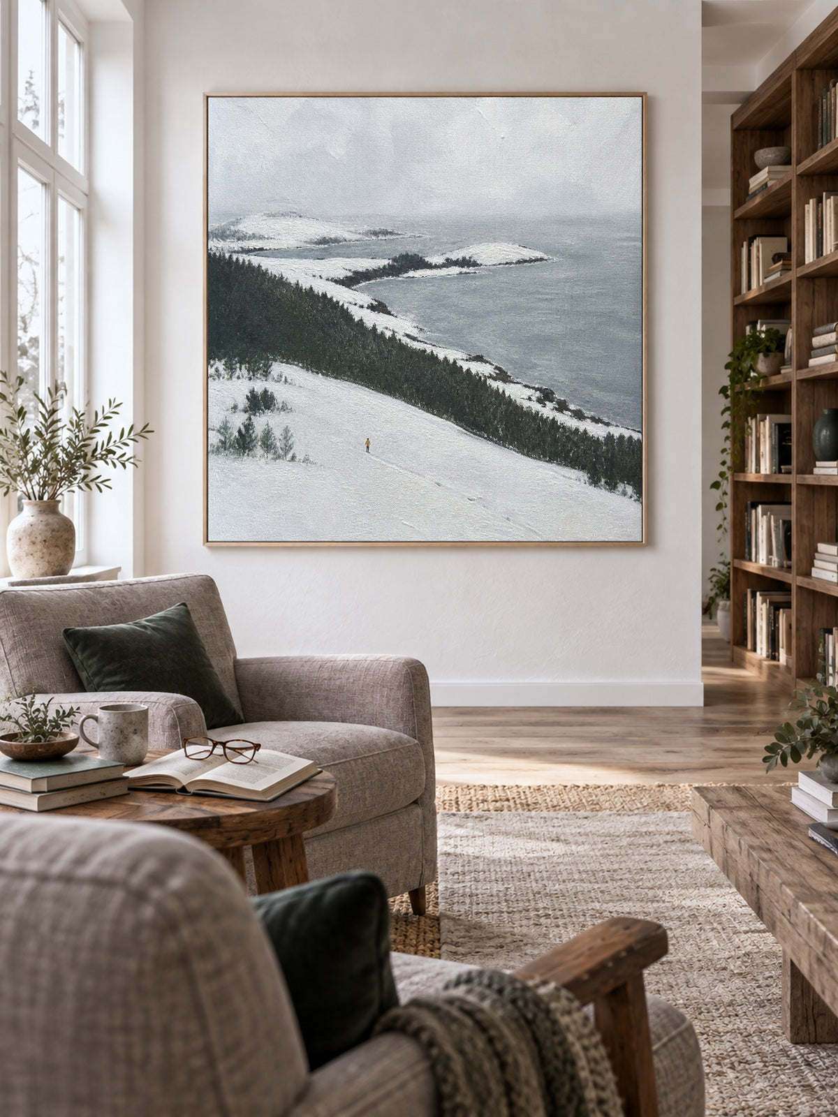 Large Snowy Seaside Landscape Wall Art With Dark Forest For Bedroom Decor