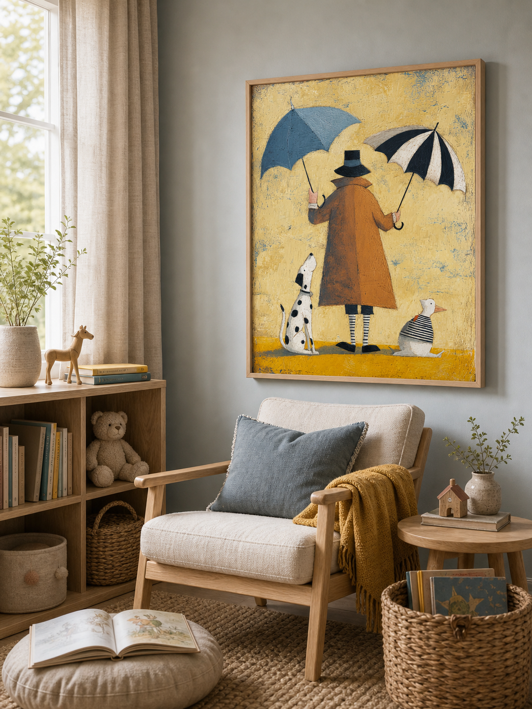 Whimsical Abstract Oil Painting With Dog And Duck In Square Format For Modern Home Decor