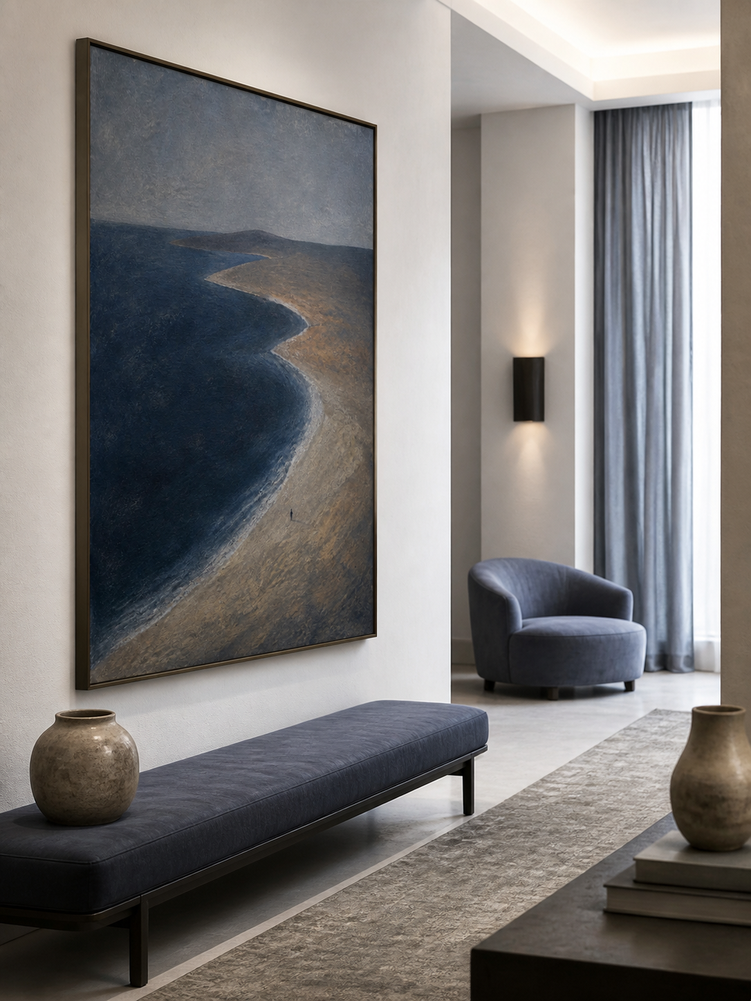 Deep Navy Coastal Wall Art Minimalist Ocean Landscape For Bedroom