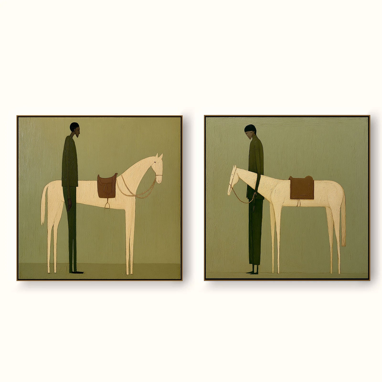 Retro Minimalist Man And Horse Painting Set Of Two For Living Room Decor