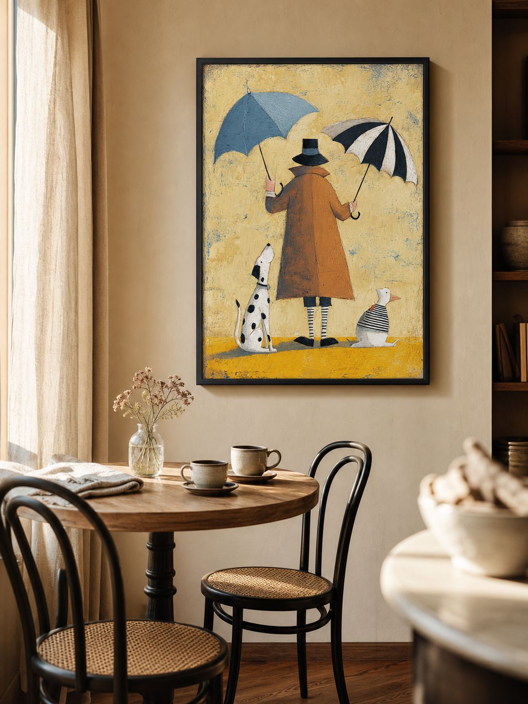 Whimsical Abstract Oil Painting With Dog And Duck In Square Format For Modern Home Decor