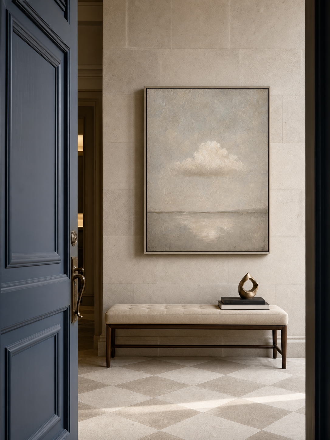 Original Vertical Beige Cloud Landscape Painting Framed Canvas Art