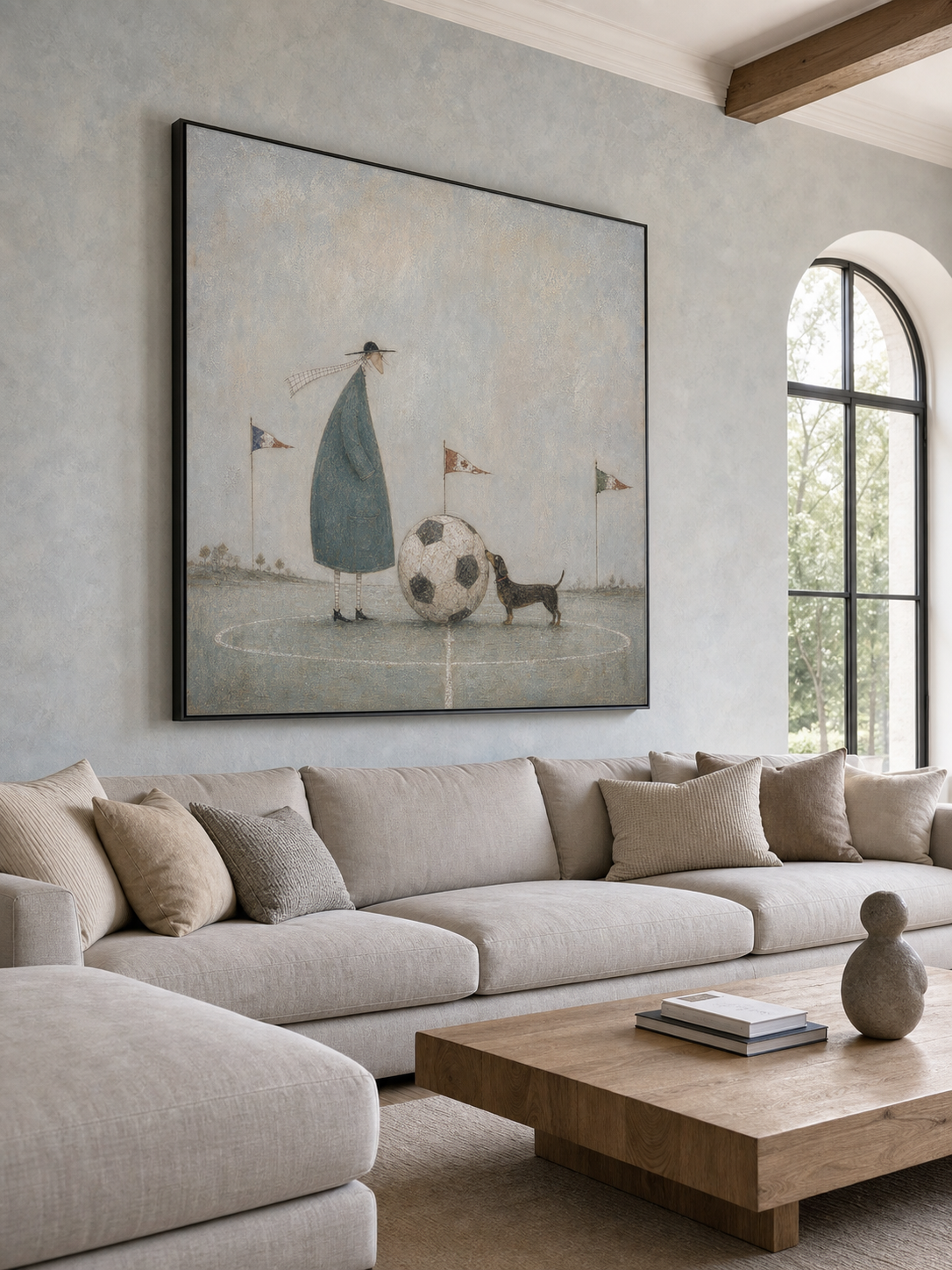 Whimsical Soccer Art Print With Dog And Man In Blue Grey Tones For Modern Home Decor