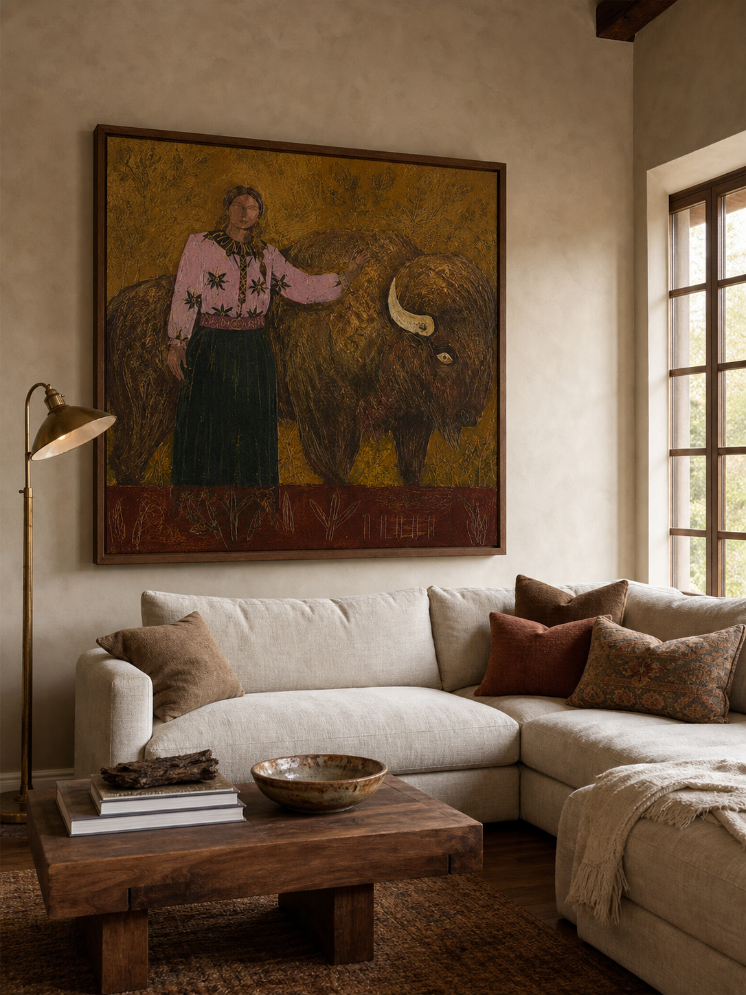 Folk Contemporary Art Painting With Bison And Woman In Brown Pink Green Tones For Living Room Wall Decor