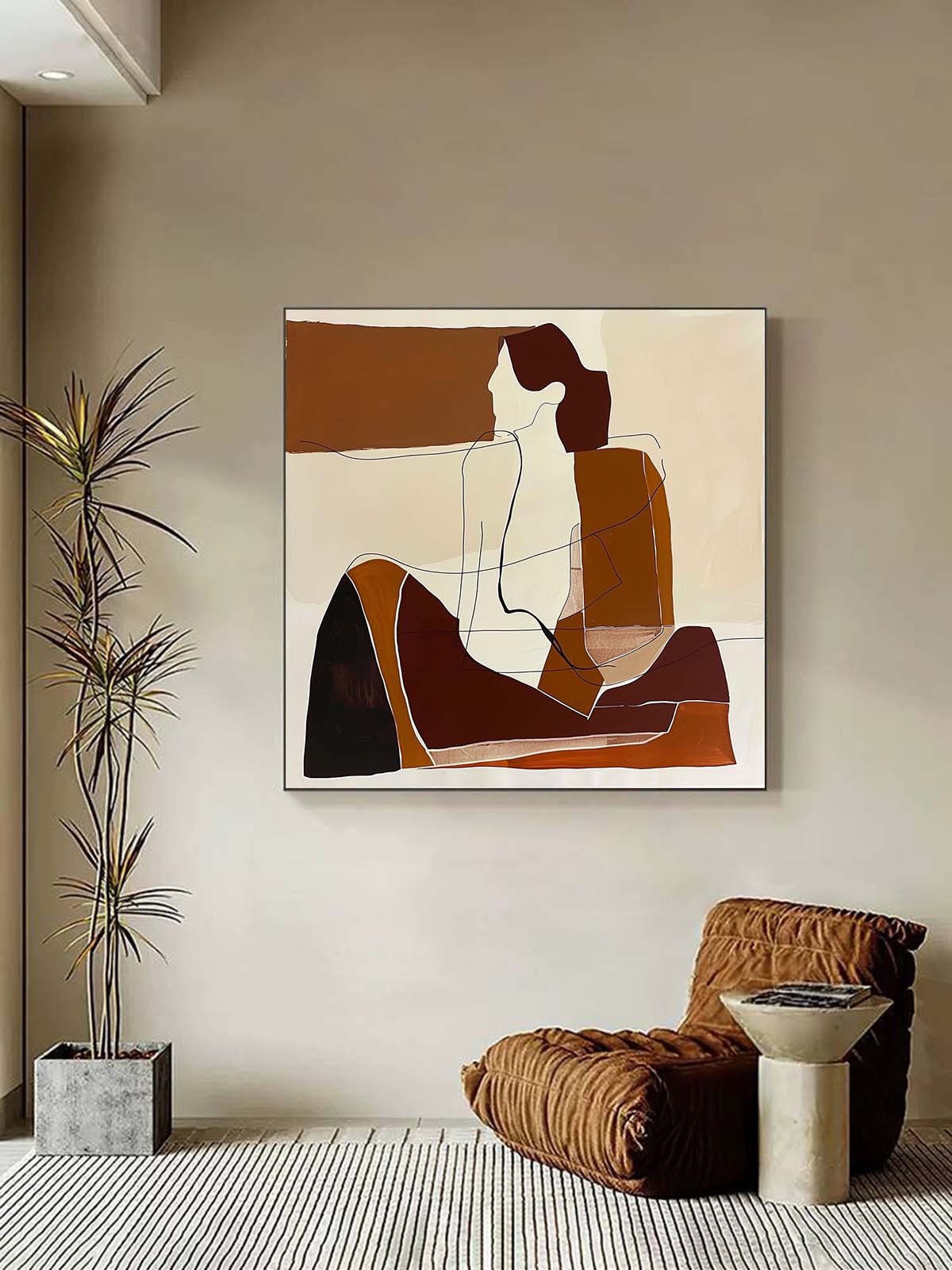 Vintage Minimalist Art Vintage Human Art Large Beige And Brown Abstract Lady Painting Original Woman Face