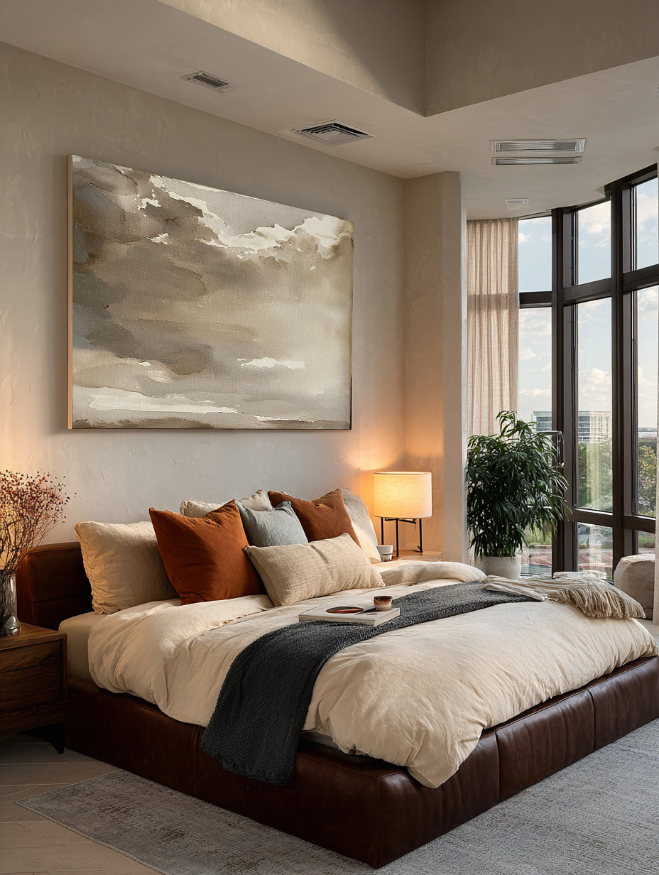 Large Minimalist Brown Landscape Painting Beige Brown Abstract Sky Art Large Neutral Brown Cloud Painting