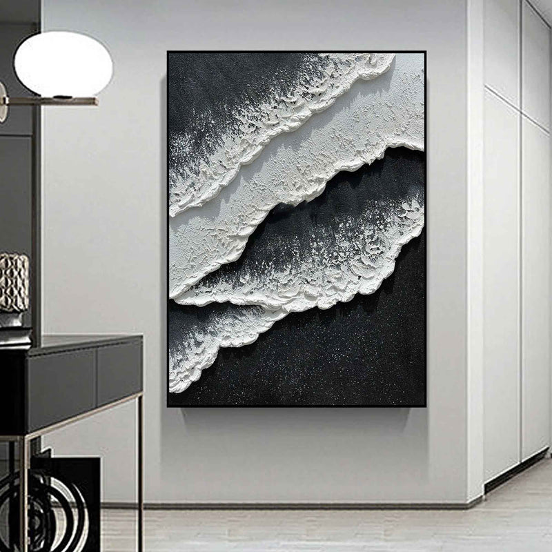 3d Black White Wave Painting On Canvas Minimalist Black And White Ocean Texture Wall Art