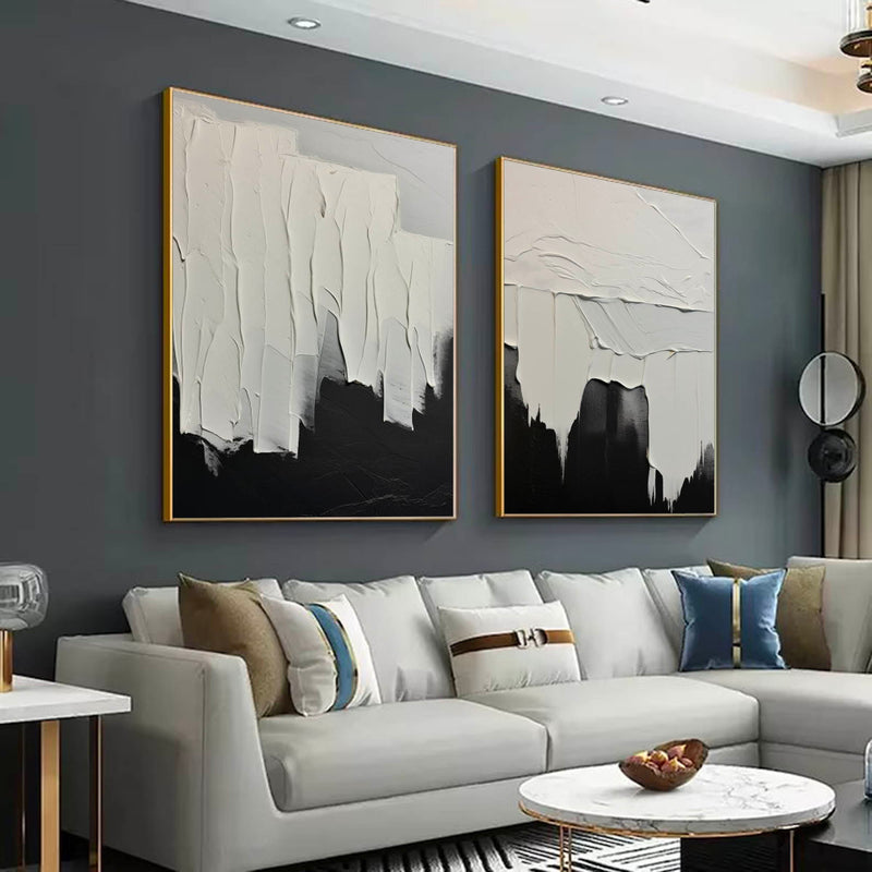 Minimalist White And Black Painting Large Black Wall Art Set of 2 White And Black Textured Wall Art