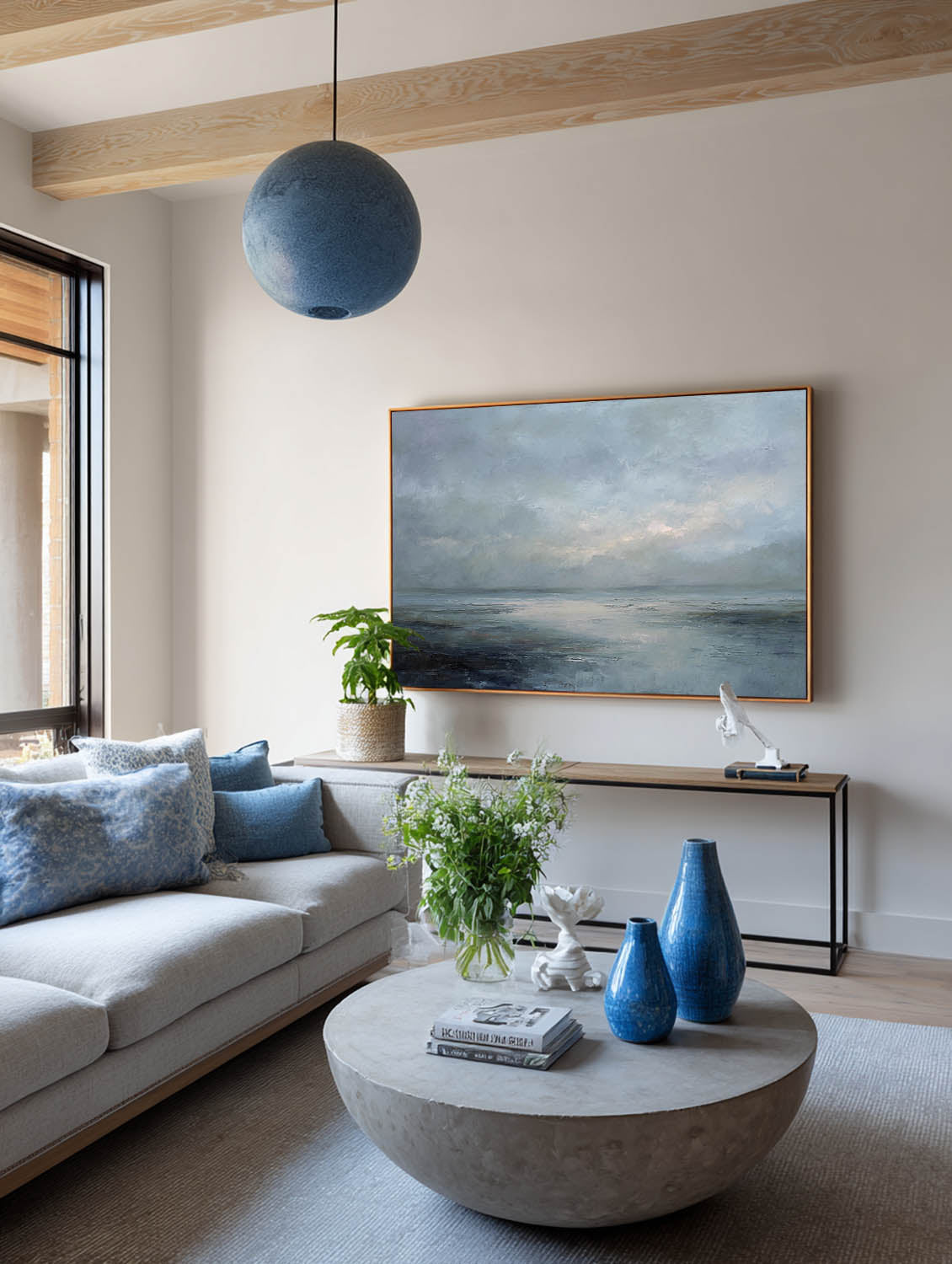 Large Blue And Gray Beach Oil Painting Minimalist Coastal Wall Art Neutral Blue Seascape Painting Handmade Minimalist Beach Scene Art